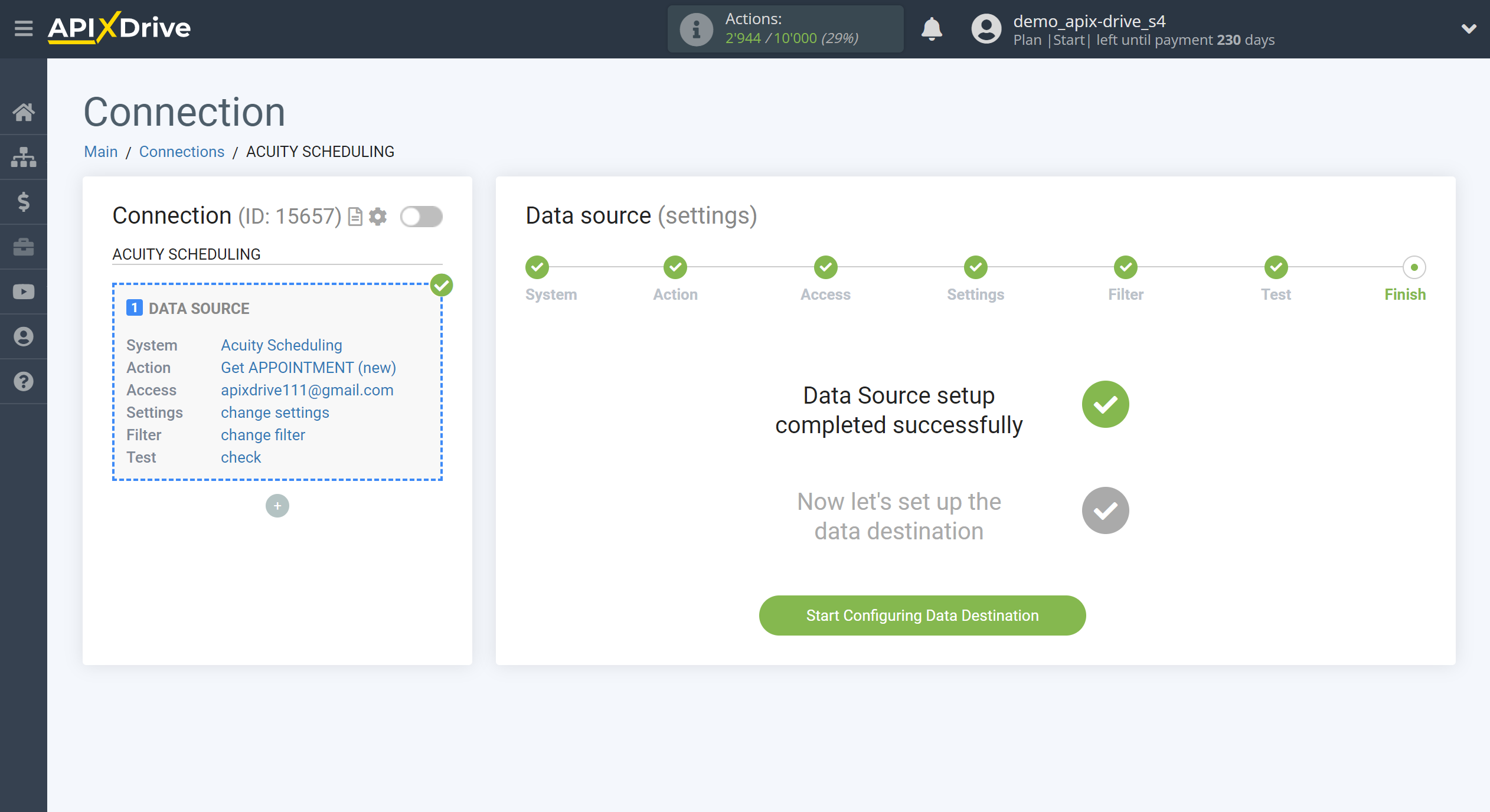 How to Connect Acuity Scheduling as Data Source | Go to the Data Destination setup