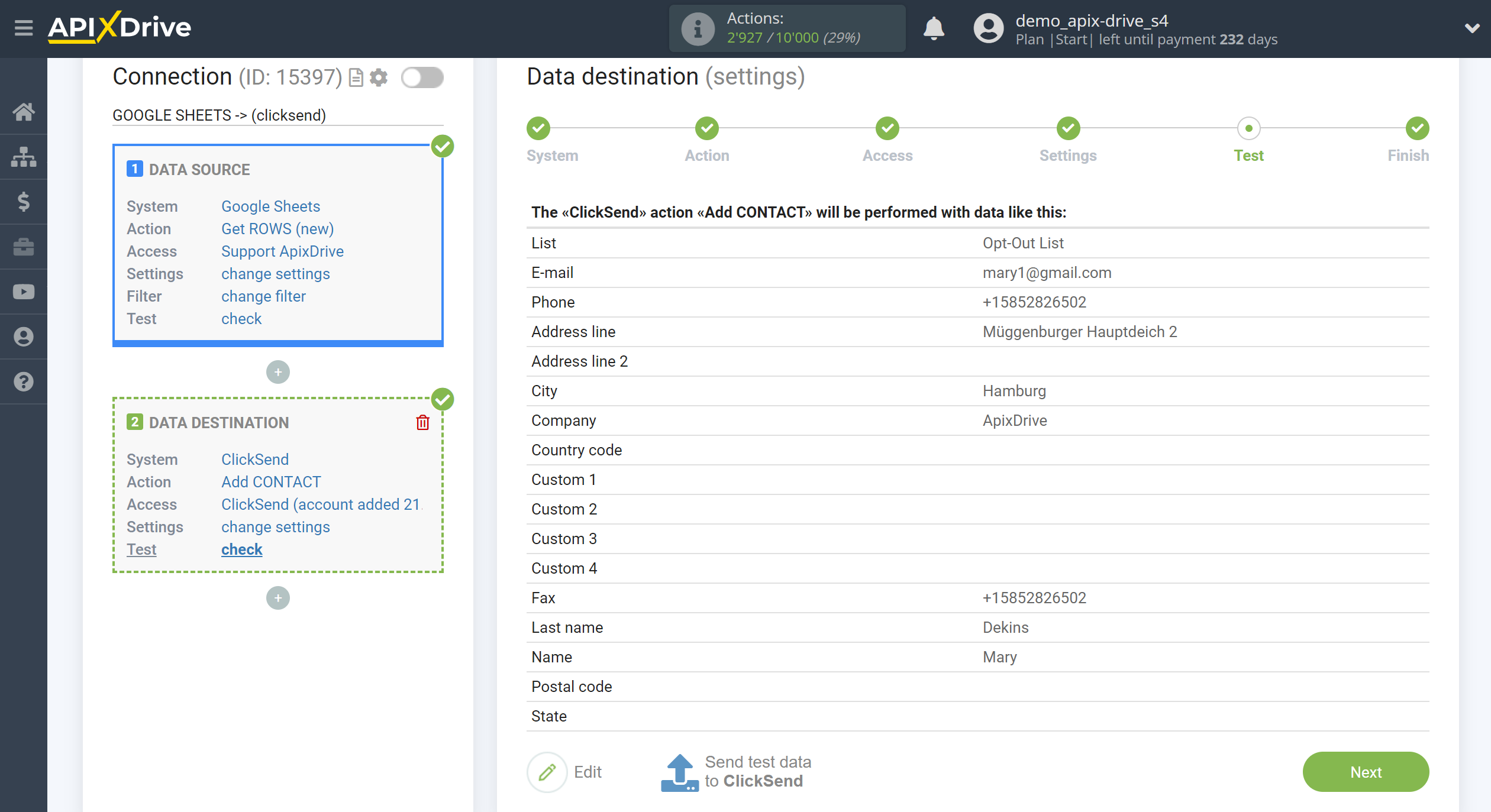 How to Connect ClickSend as Data Destination | Test data