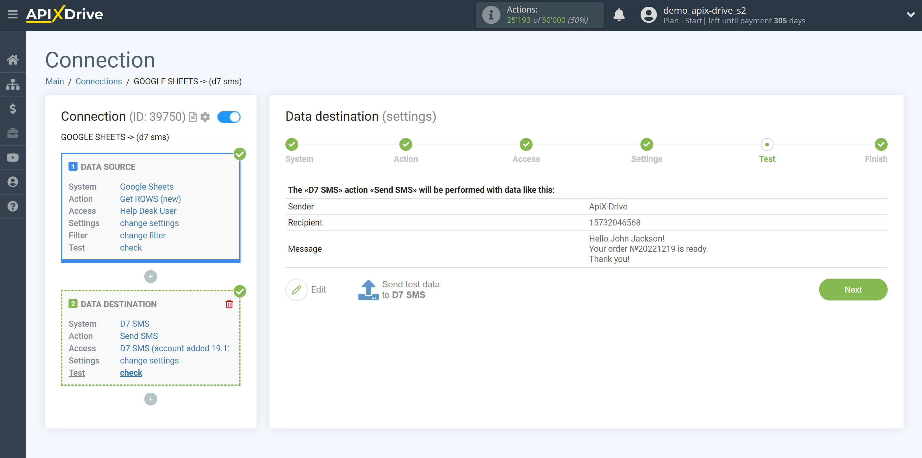 How to Connect D7 SMS as Data Destination | Data Test