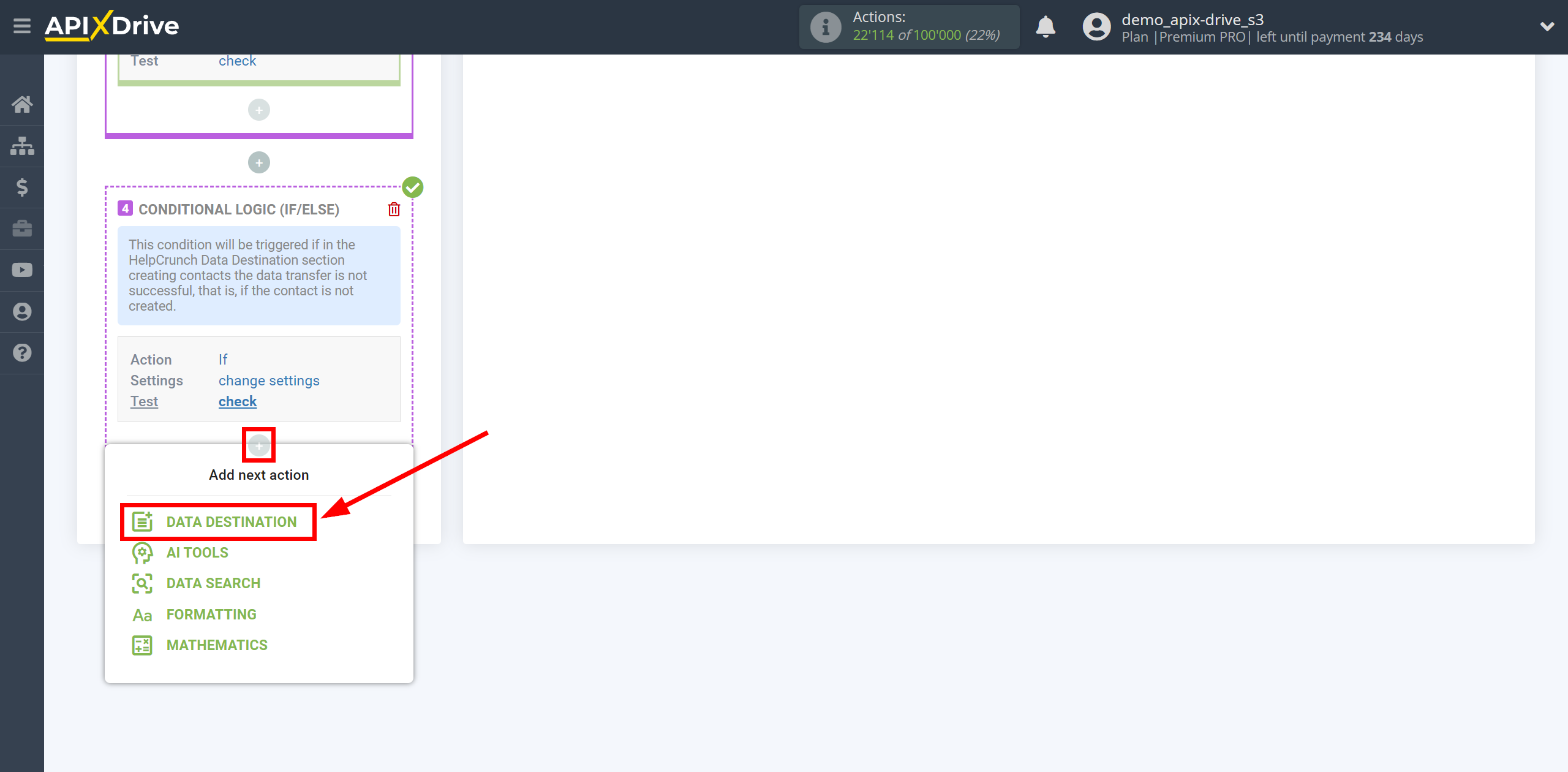 How to setup HelpCrunch Update Contact / Create Contact | Start setting up Slack Data Destination inside the Logic section