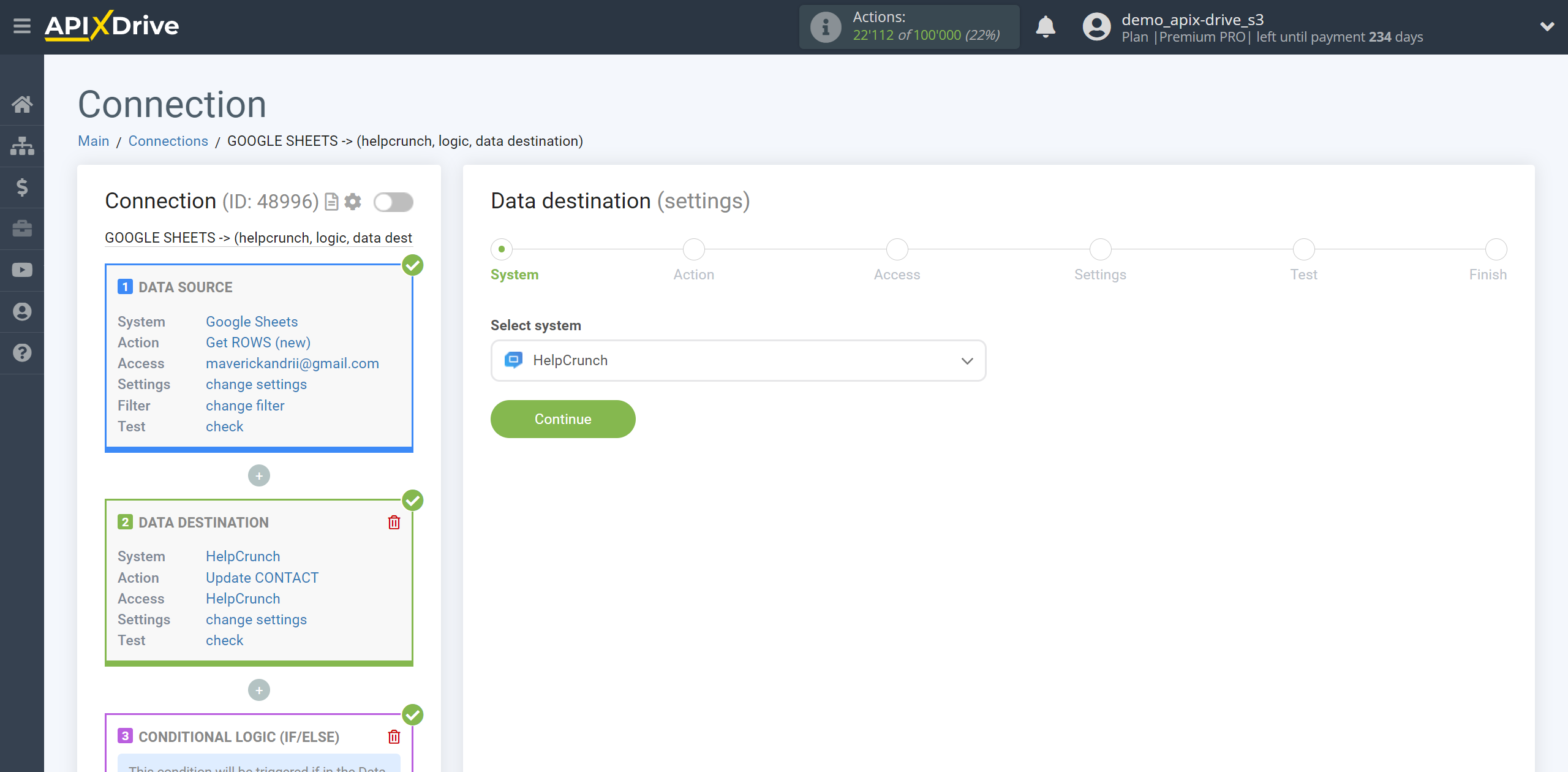 How to setup HelpCrunch Update Contact / Create Contact | System selection a Data Destination