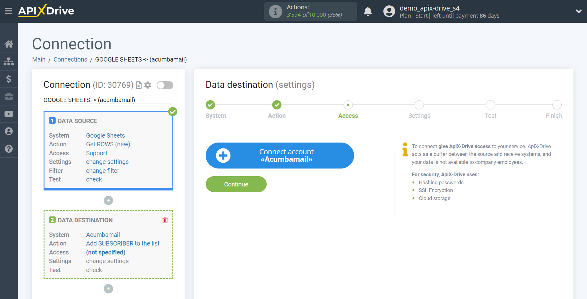 How to Connect Acumbamail as Data Destination | Account connection