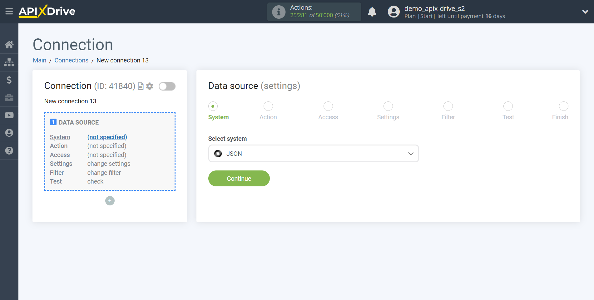 How to Connect JSON as Data Source | System selection