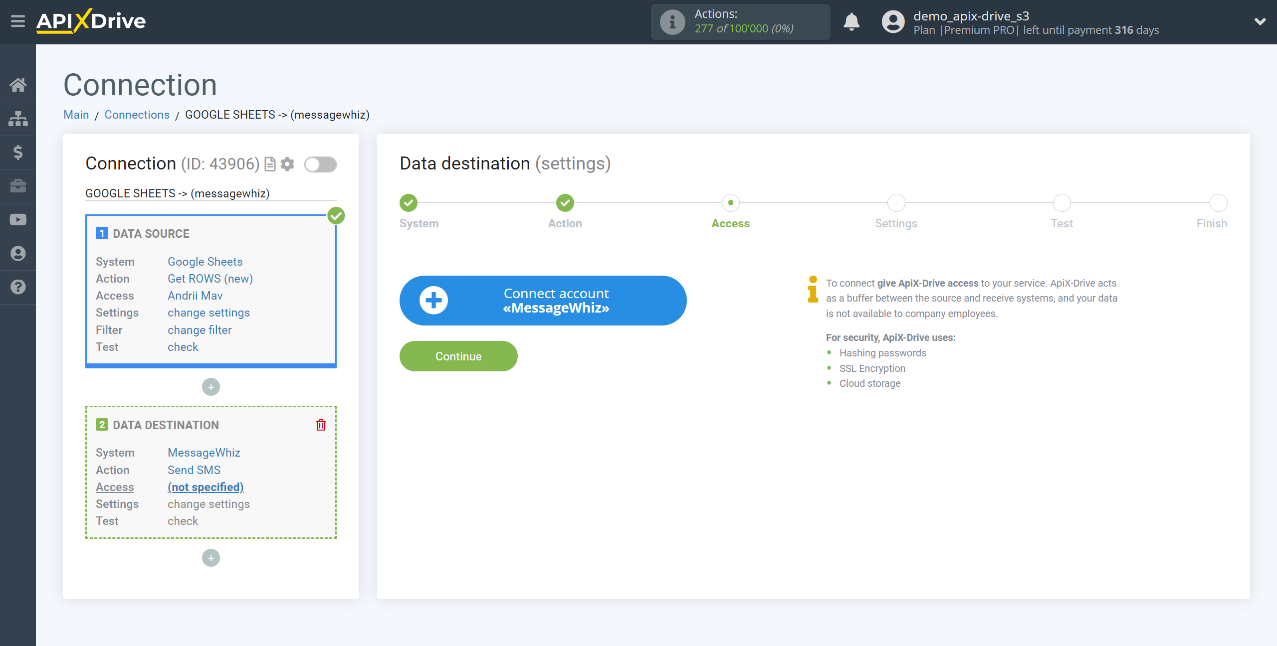 How to Connect MessageWhiz as Data Destination | Account connection