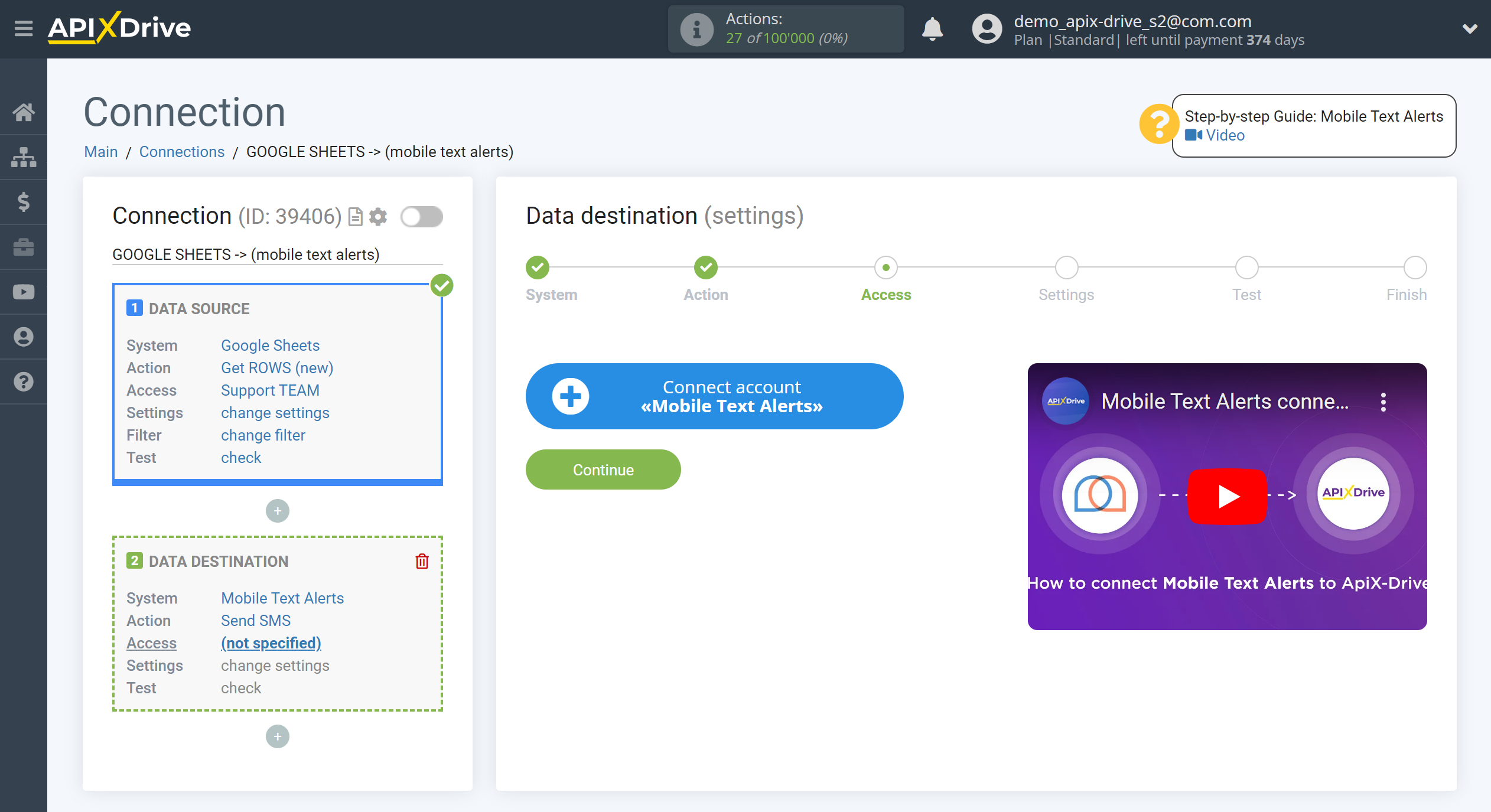 How to Connect Mobile Text Alerts as Data Destination | Account connection