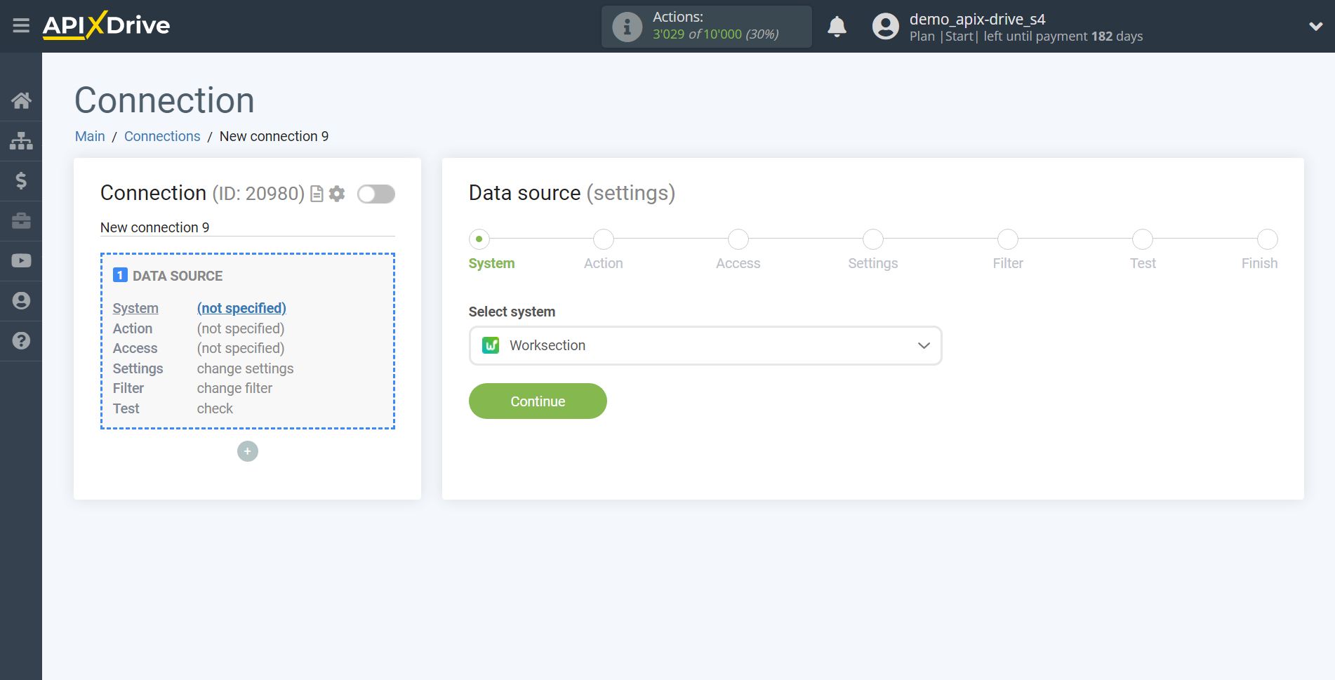 How to Connect Worksection as Data Source | System selection