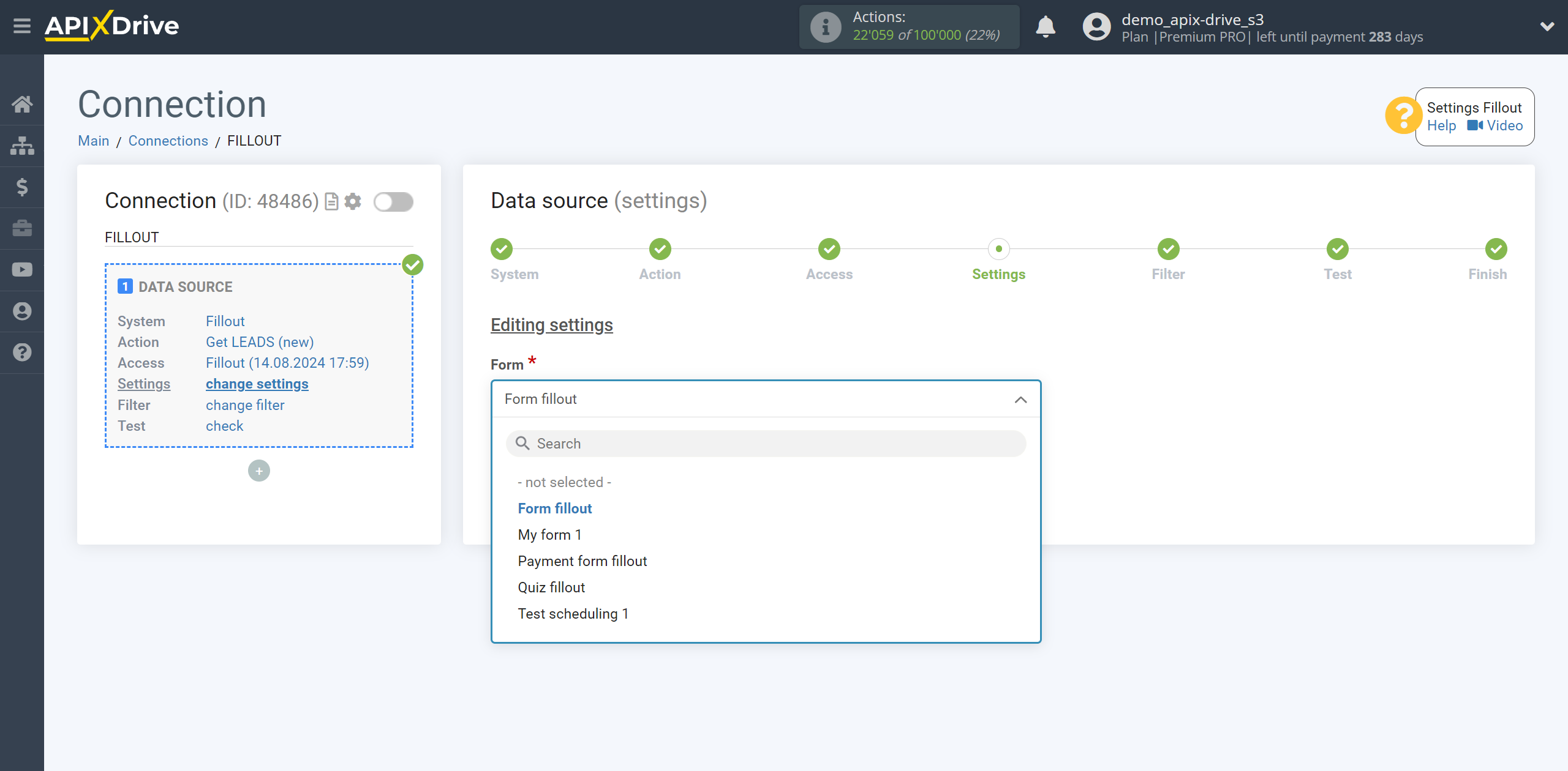 How to Connect Fillout as Data Source | Choosing a form