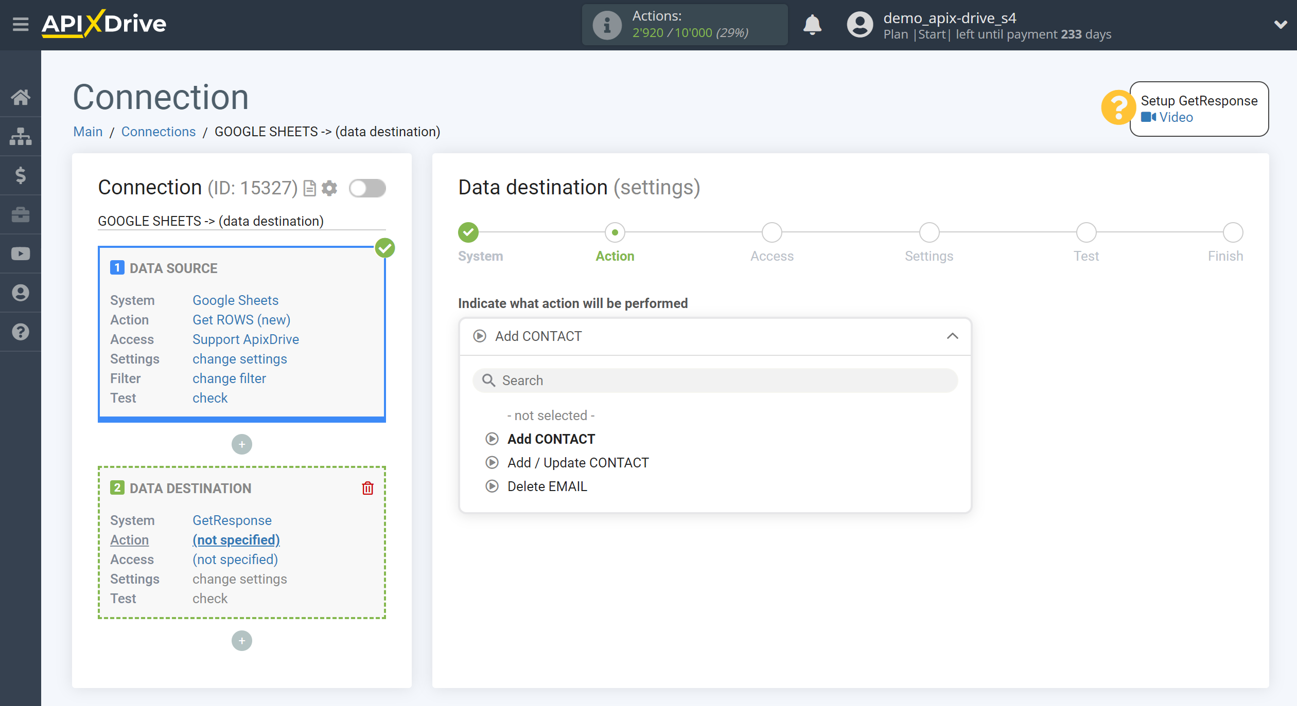 How to Connect GetResponse as Data Destination | Action selection