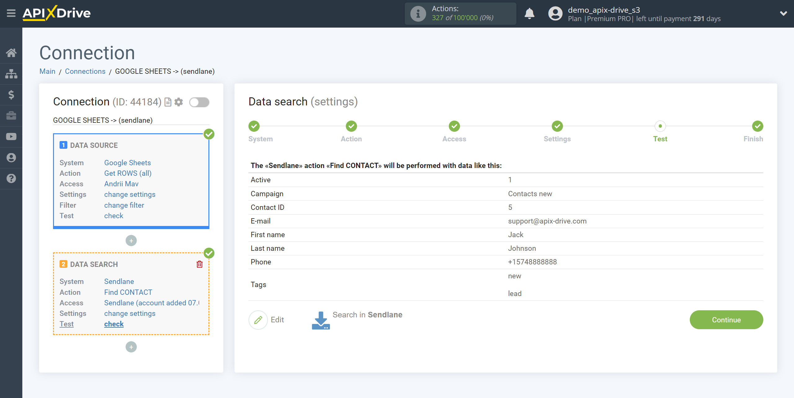 Setting up Sendlane Contact Search in Google Sheets | Test data