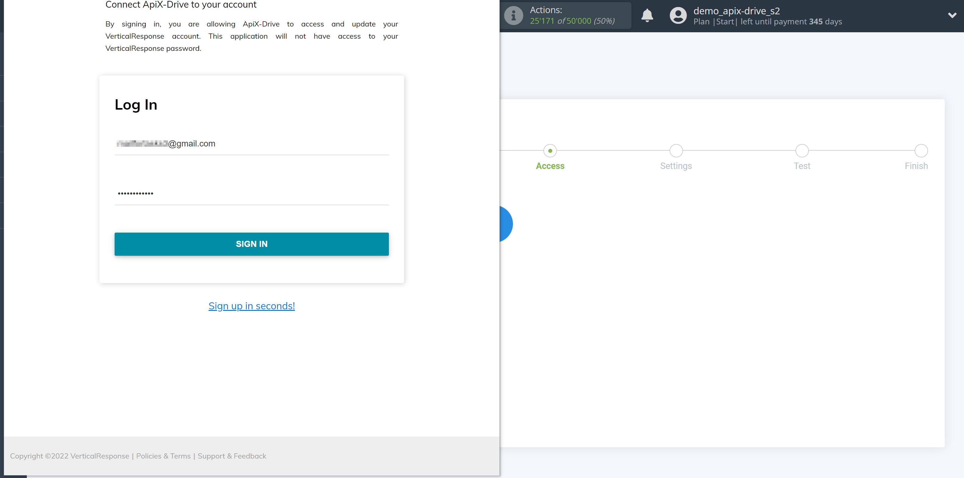 How to Connect VerticalResponse as Data Destination | Enter login and password&nbsp;