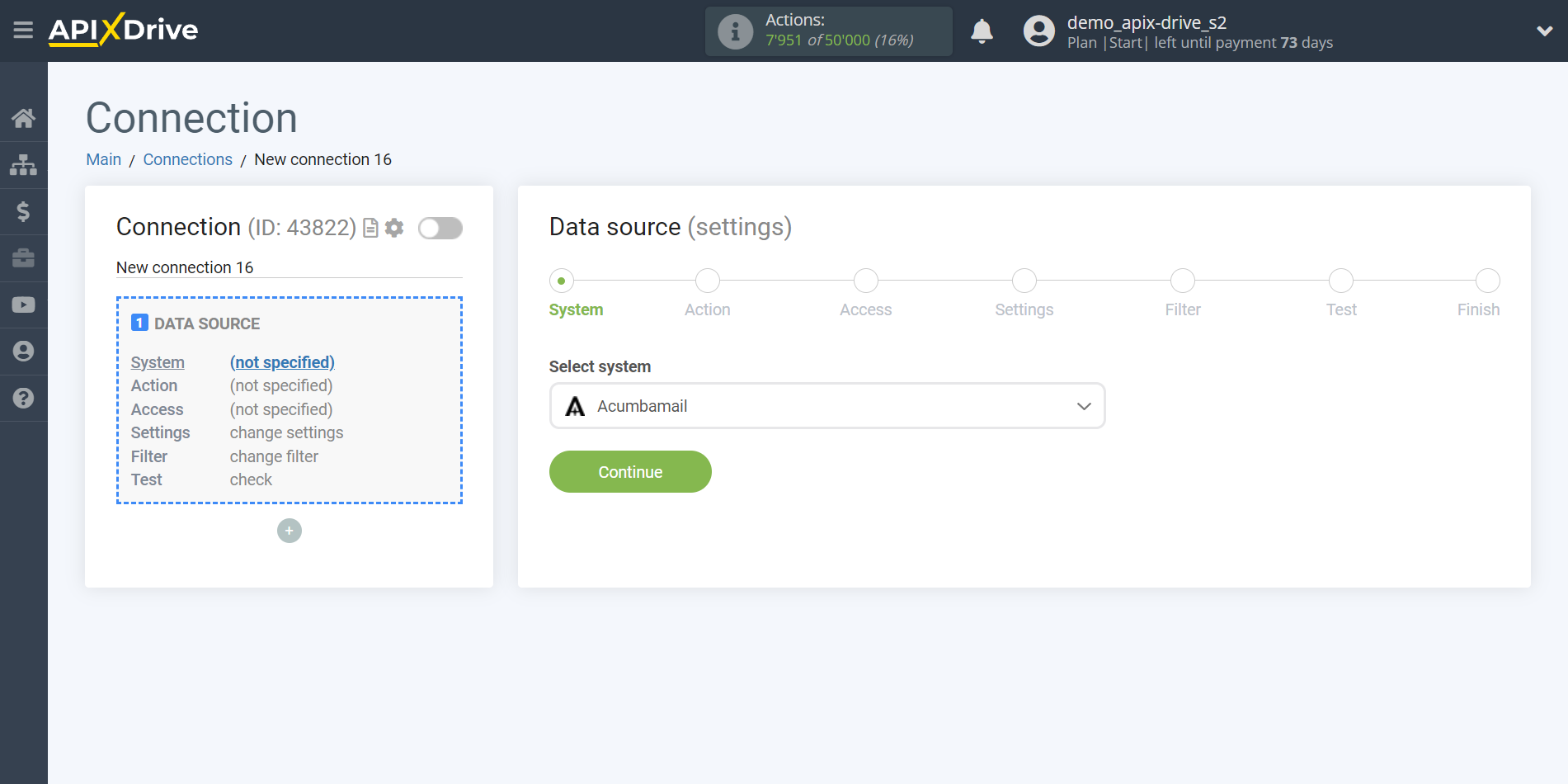 How to Connect Acumbamail as Data Source | System selection