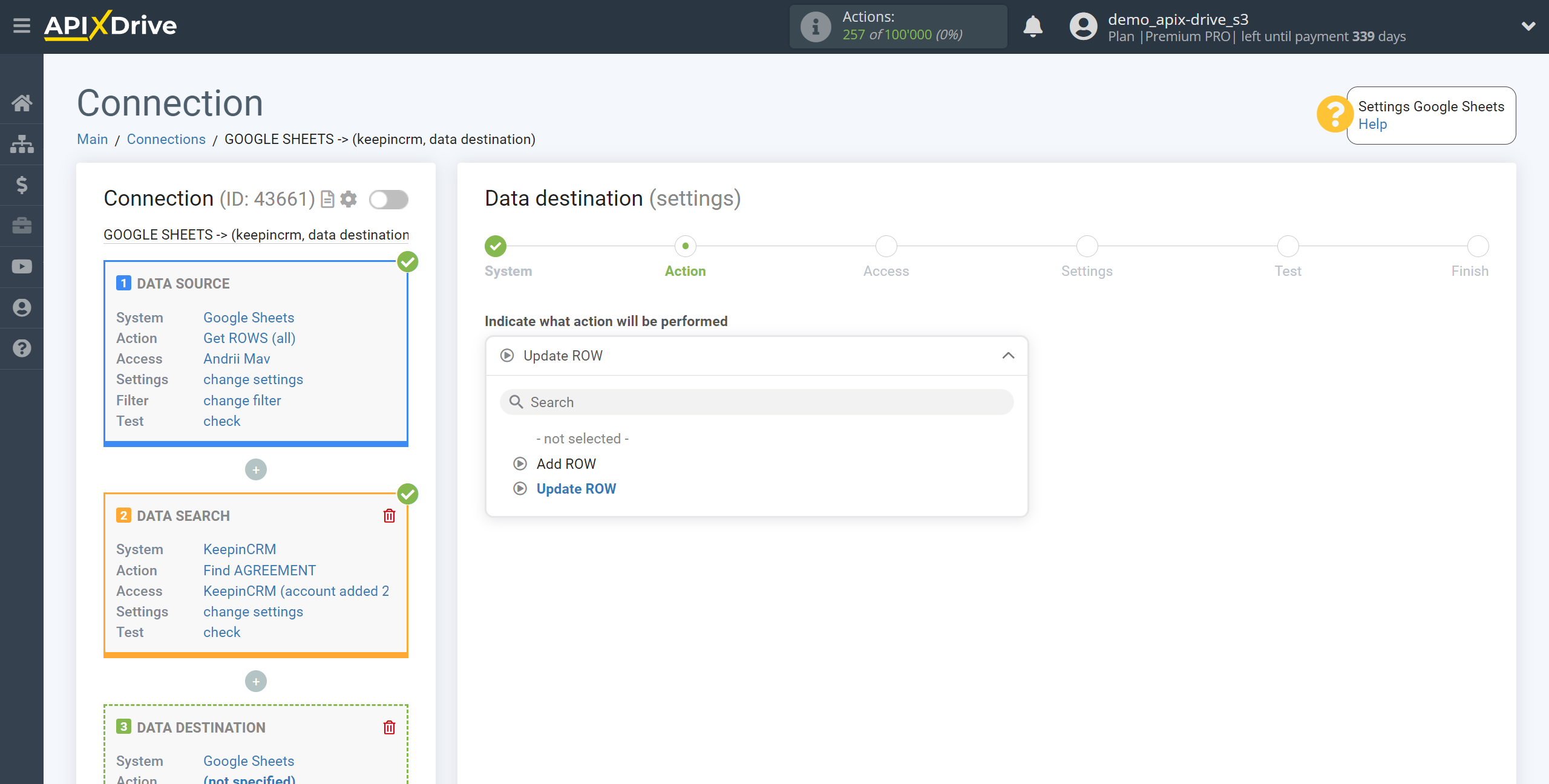 Setting up KeepinCRM Agreement Search in Google Sheets | Action selection