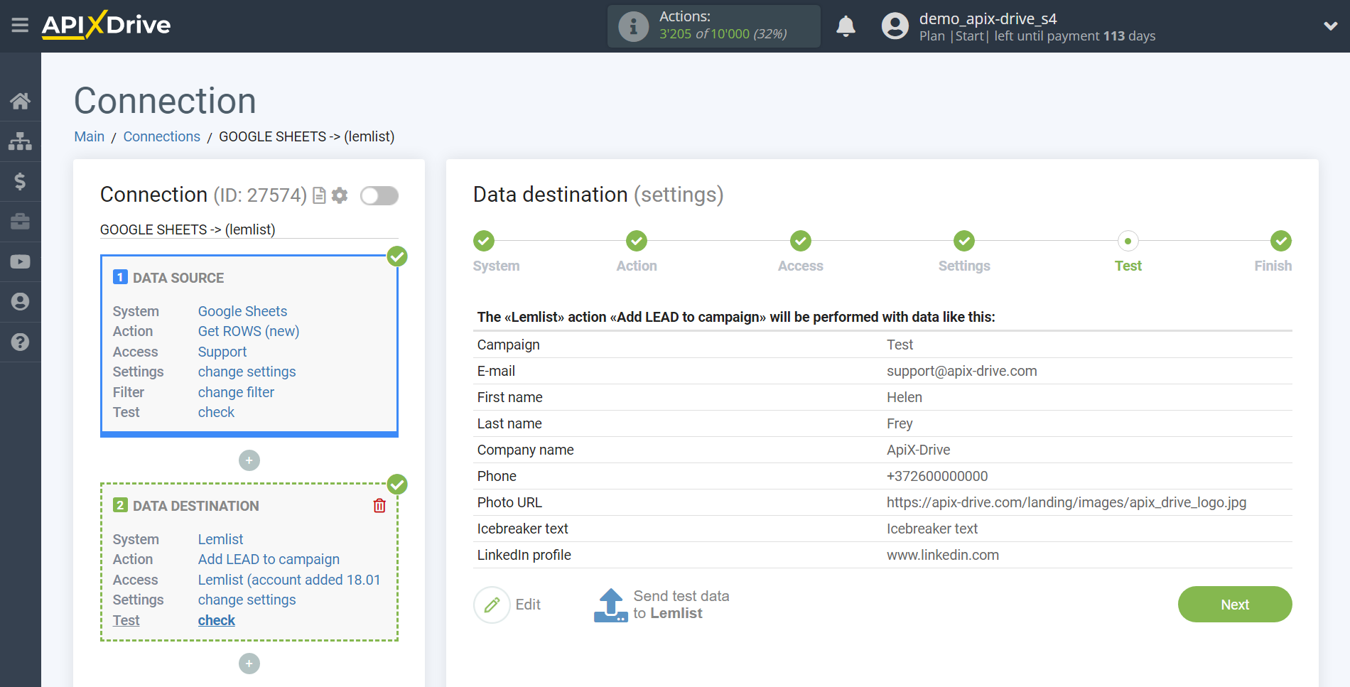 How to Connect Lemlist as Data Destination | Test data