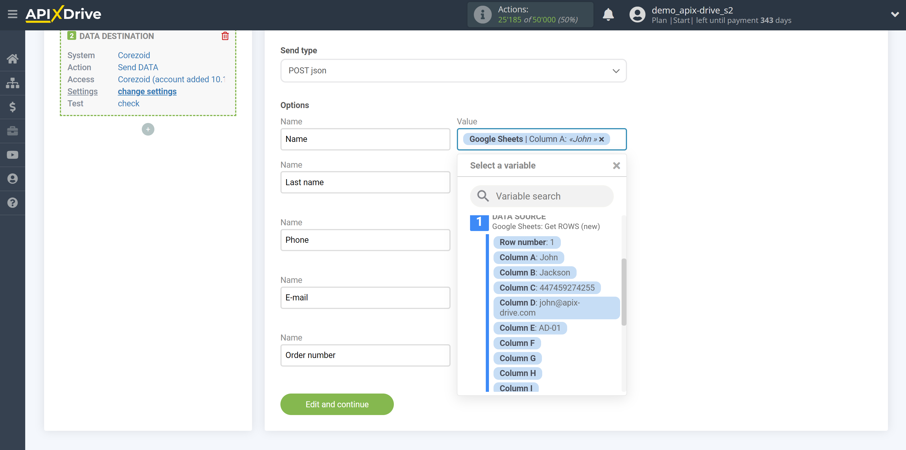 How to Connect Corezoid as Data Destination |&nbsp;Assigning Fields 