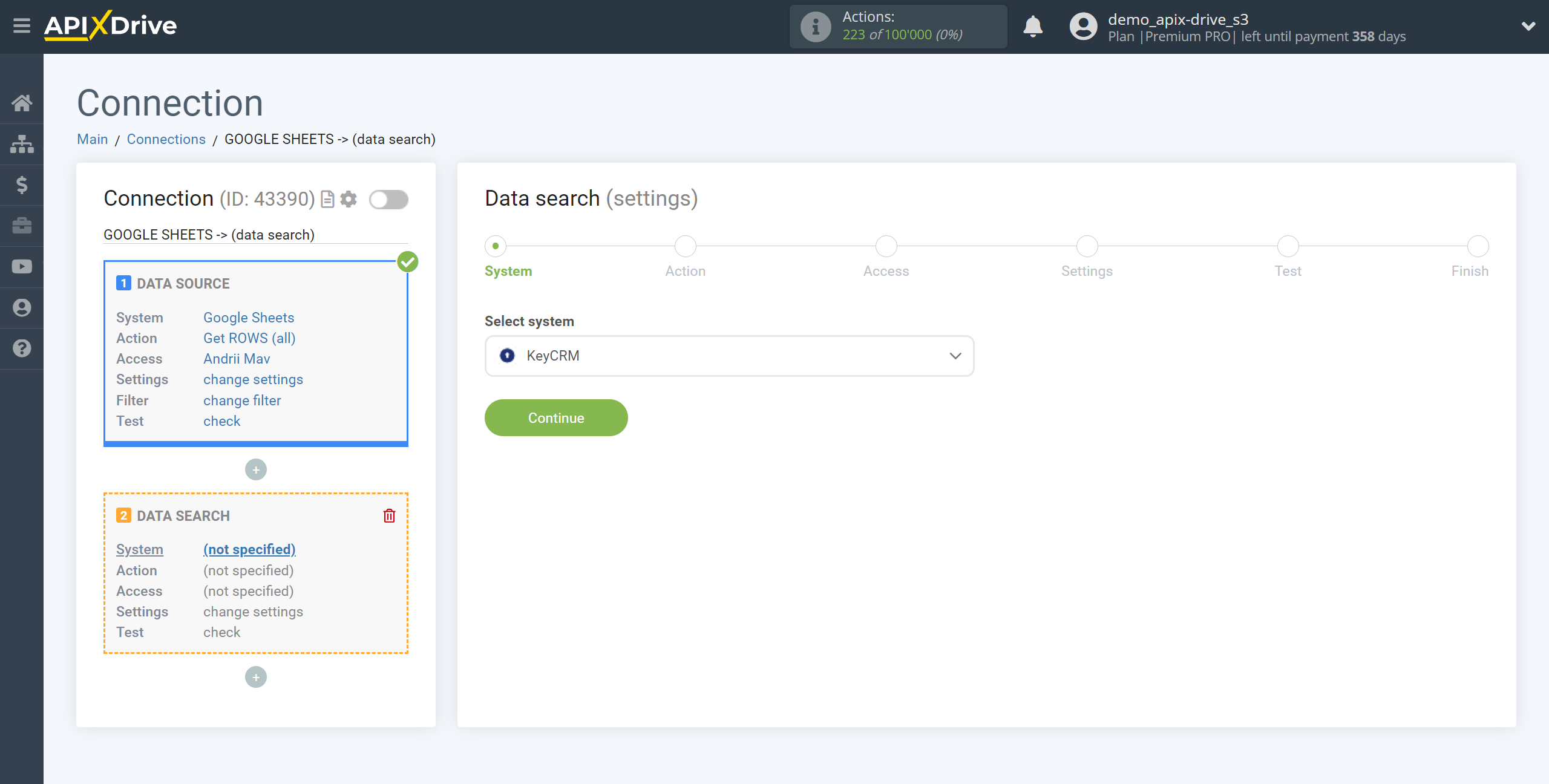 Setting up KeyCRM Order Search in Google Sheets | System selection