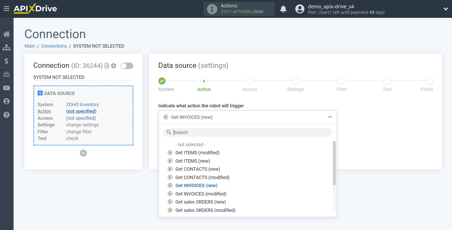 How to Connect Zoho Inventory as Data Source | Action selection