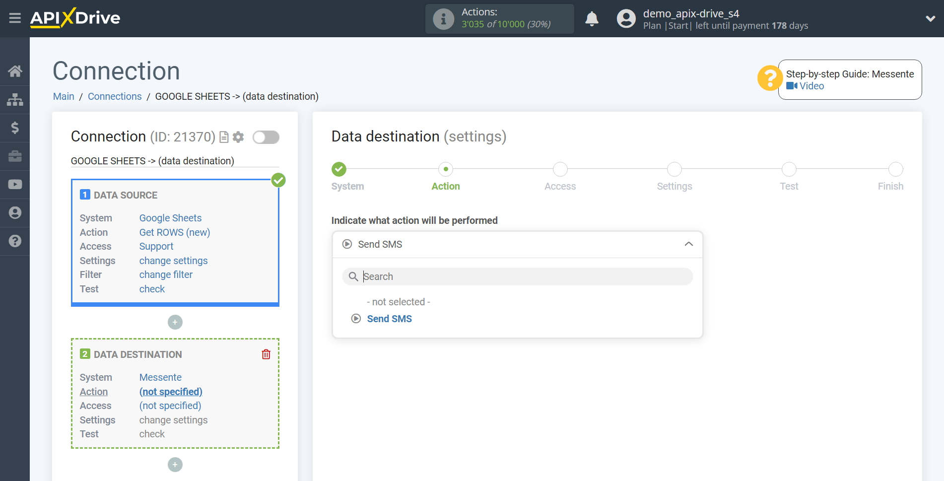 How to Connect Messente as Data Destination | Action selection