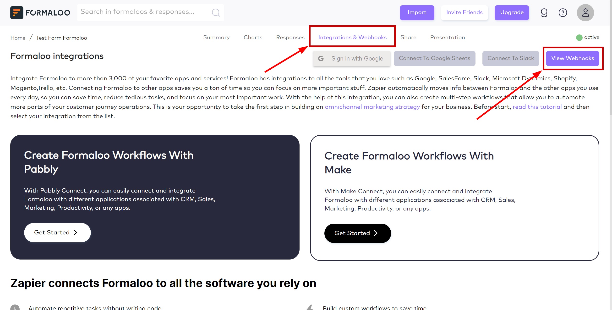 How to Connect Formaloo as Data Source | Navigating to Webhooks Settings