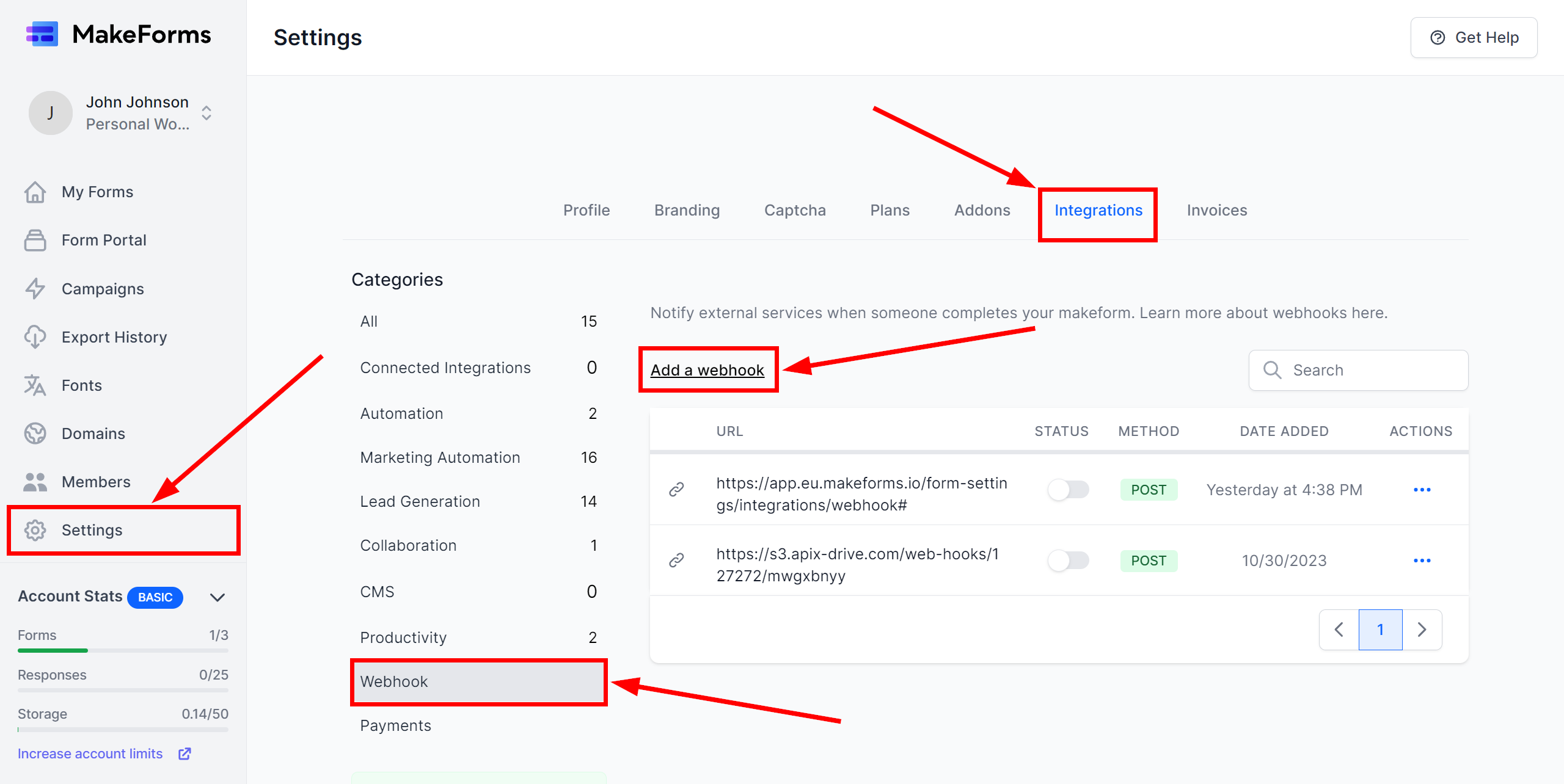 How to Connect MakeForms as Data Source | Go to Webhook settings