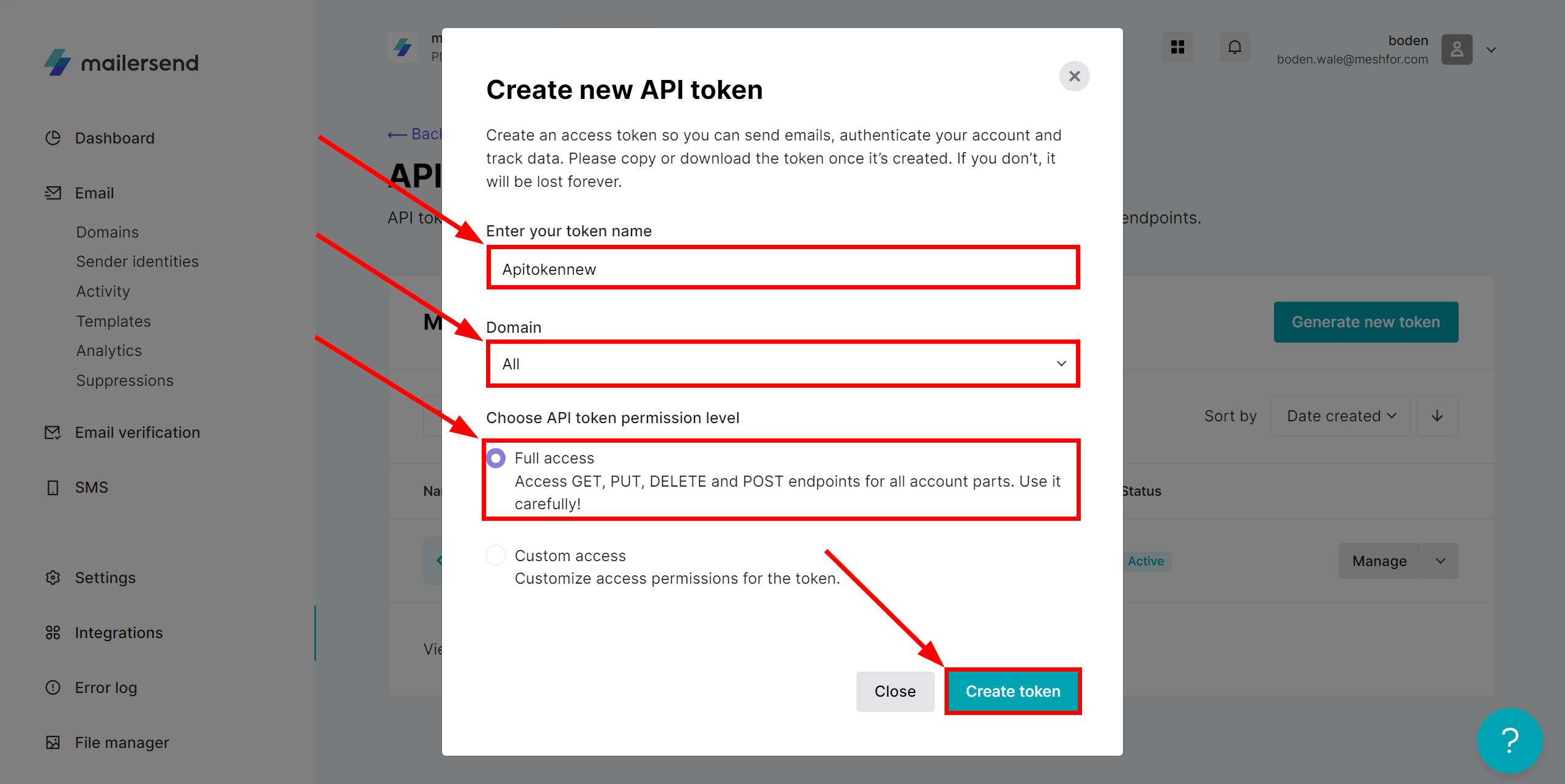 How to Connect MailerSend as Data Source | Creation of API token