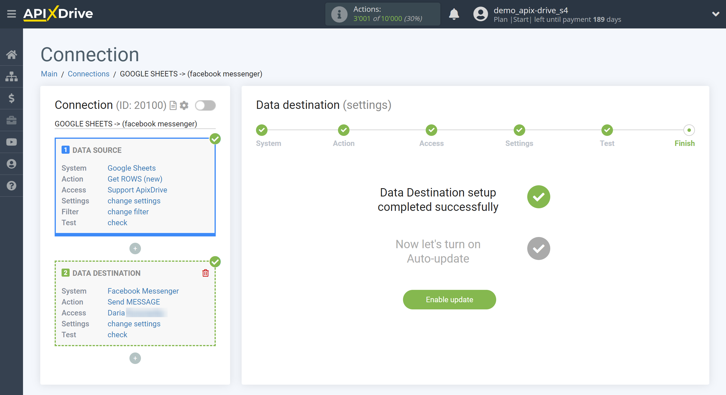 How to Connect Facebook Messenger as Data Destination | Enable auto-update