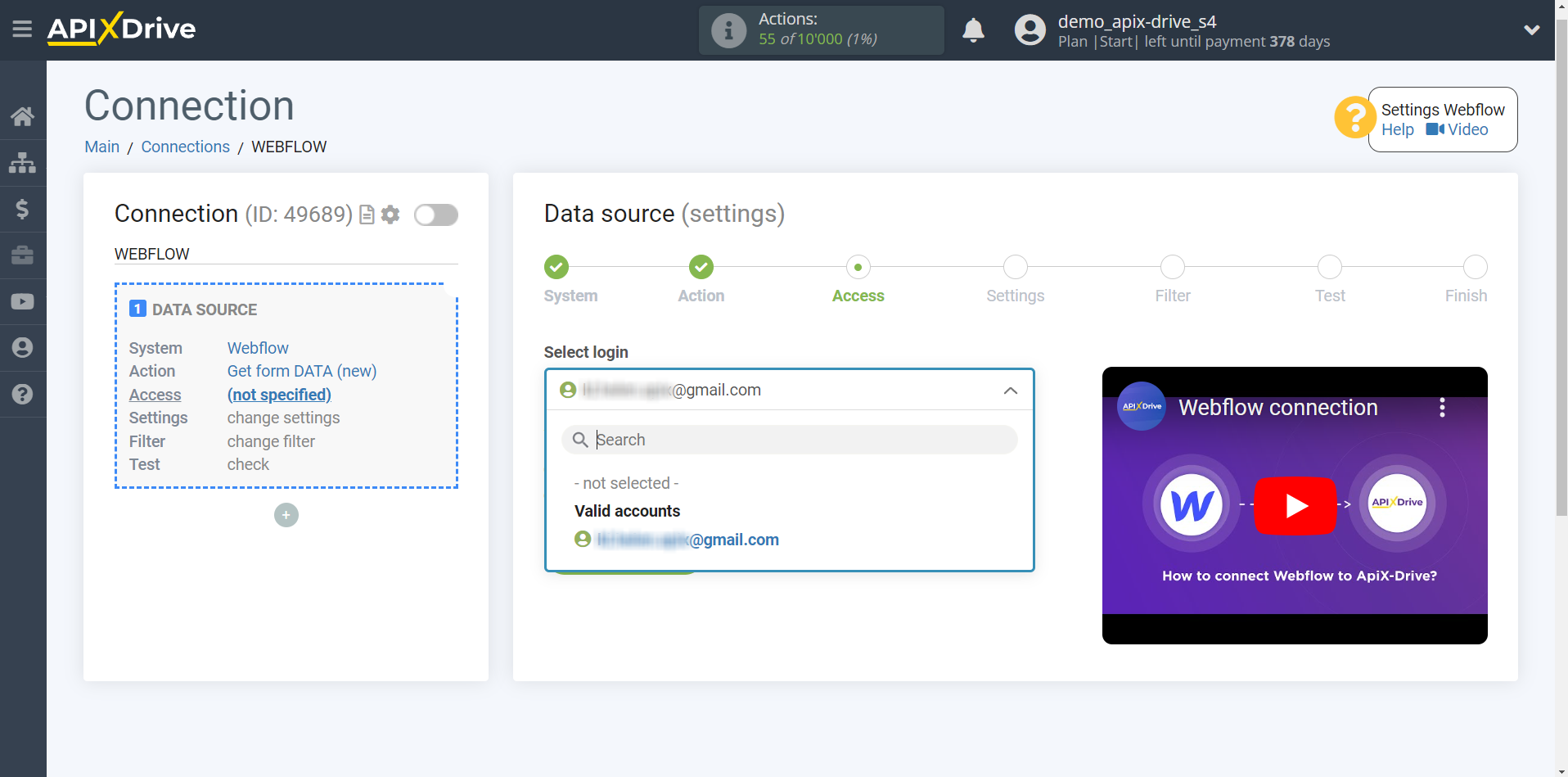 How to Connect Webflow as Data Source | Account selection