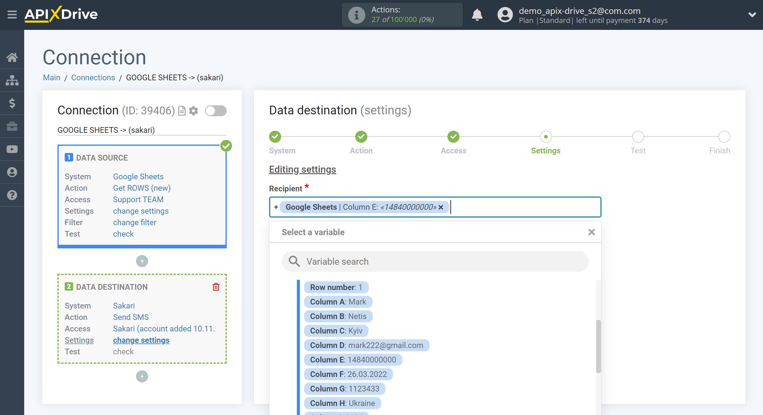 How to Connect Sakari as Data Destination | Assigning fields