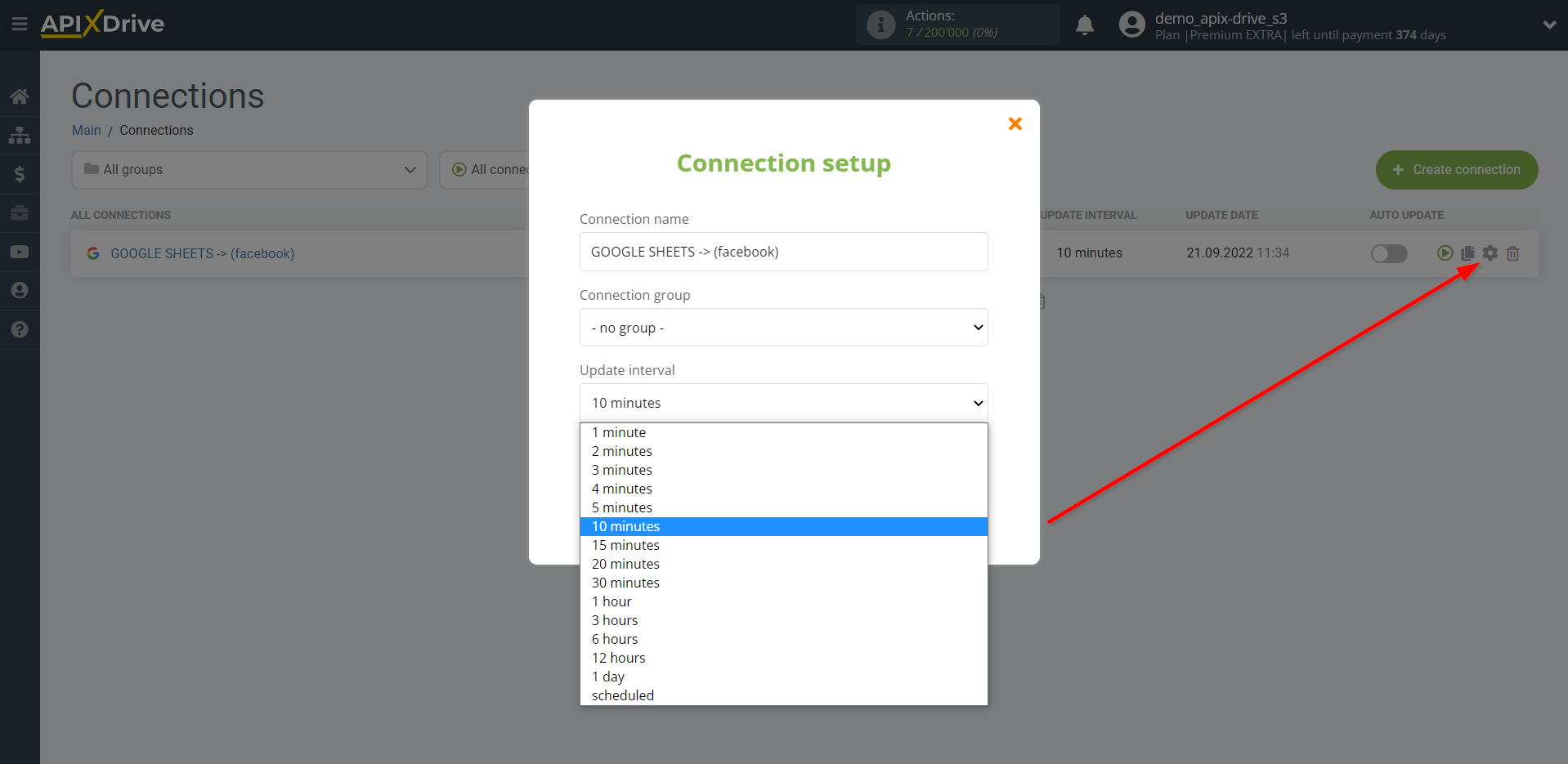 How to Connect Facebook as Data Destination | Update interval