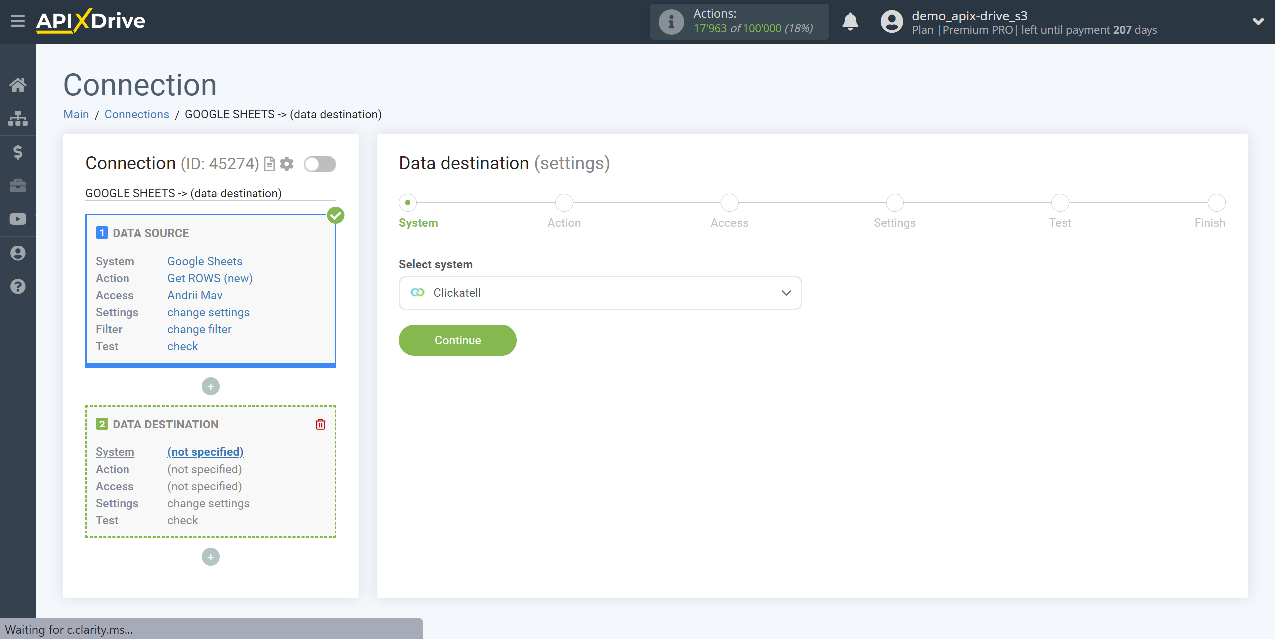 How to Connect Clickatell as Data Destination | System selection