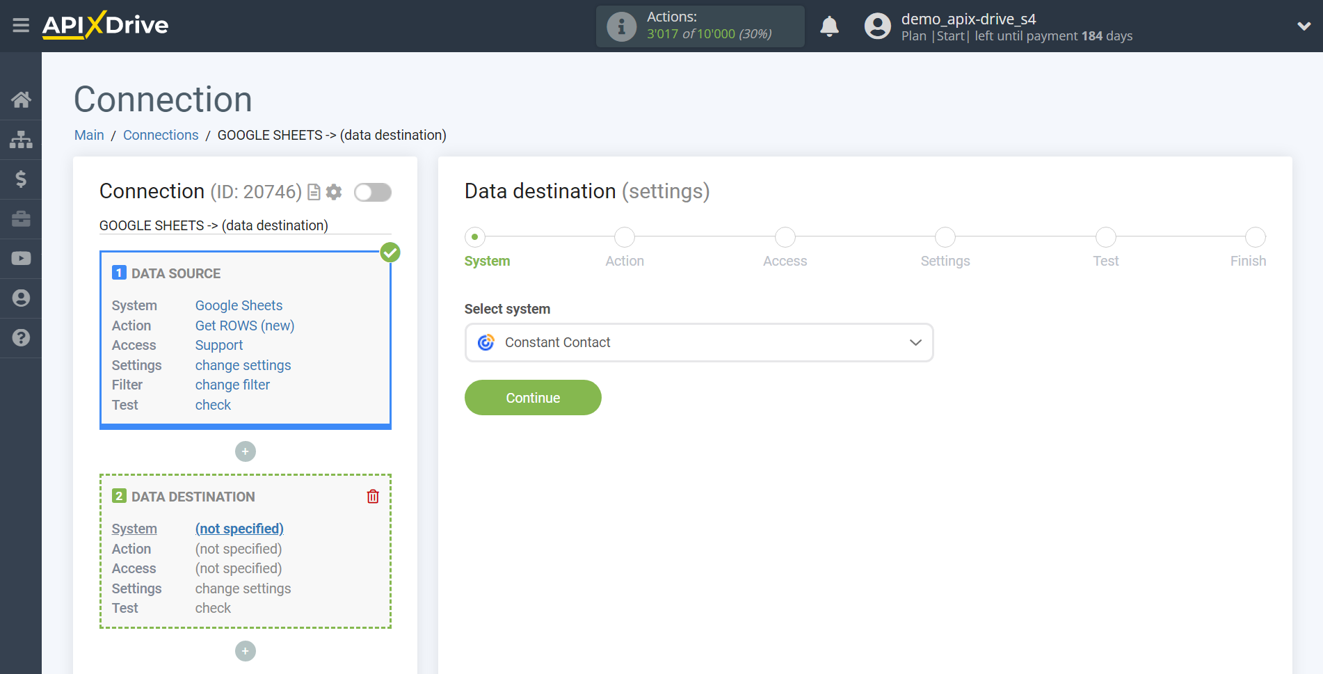 How to Connect Constant Contact as Data Destination | System selection