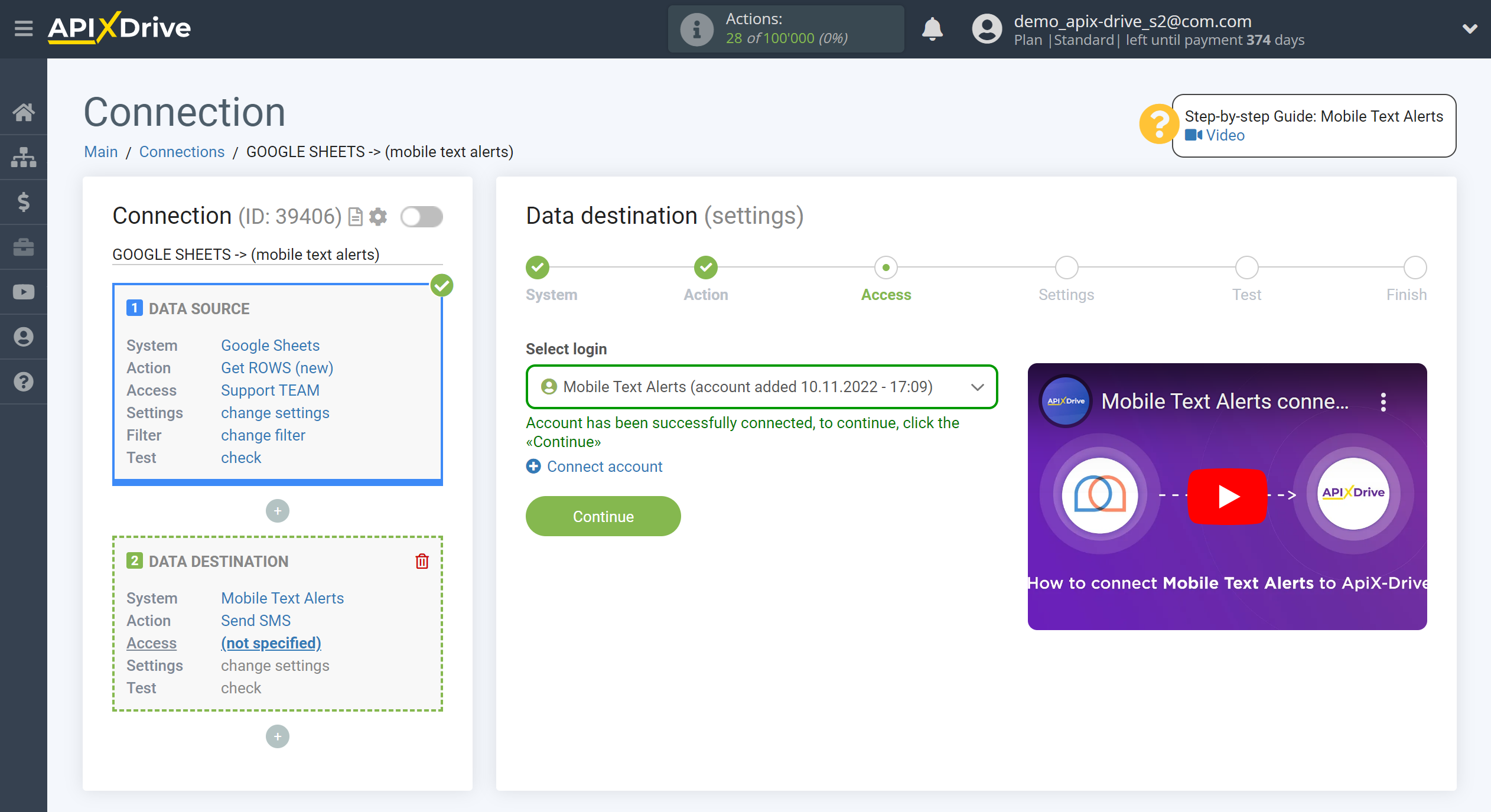 How to Connect Mobile Text Alerts as Data Destination | Account connection