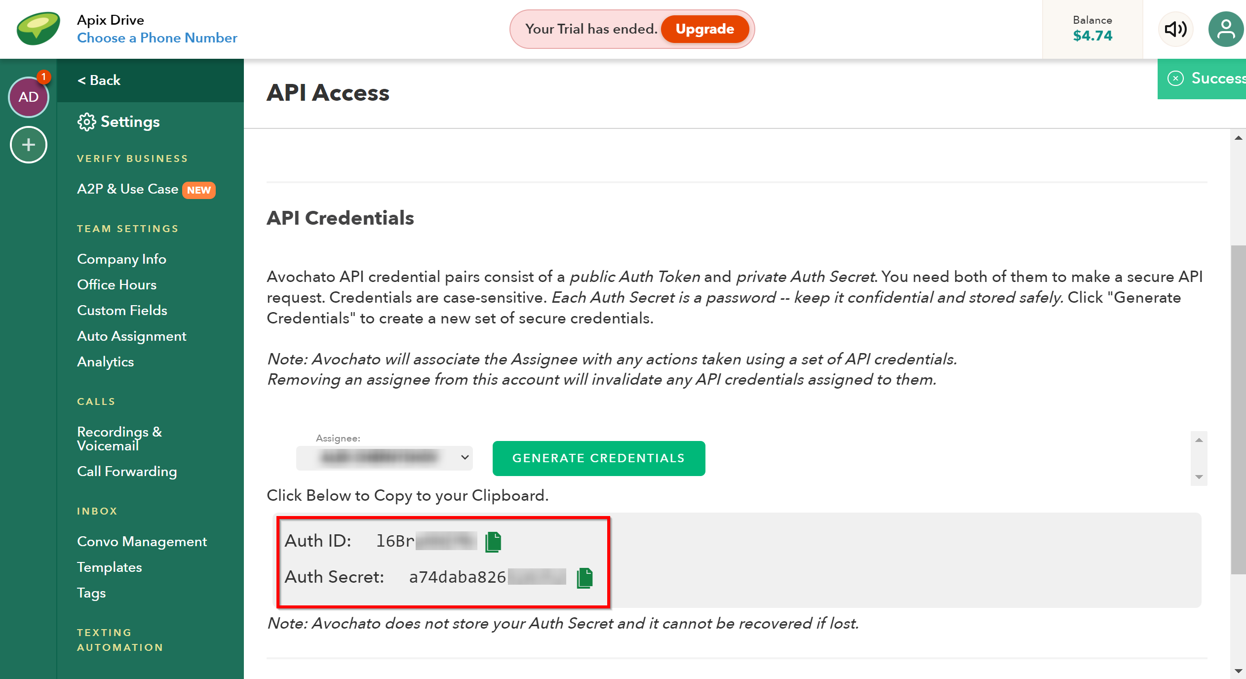 How to Connect Avochato as Data Destination | Account connection