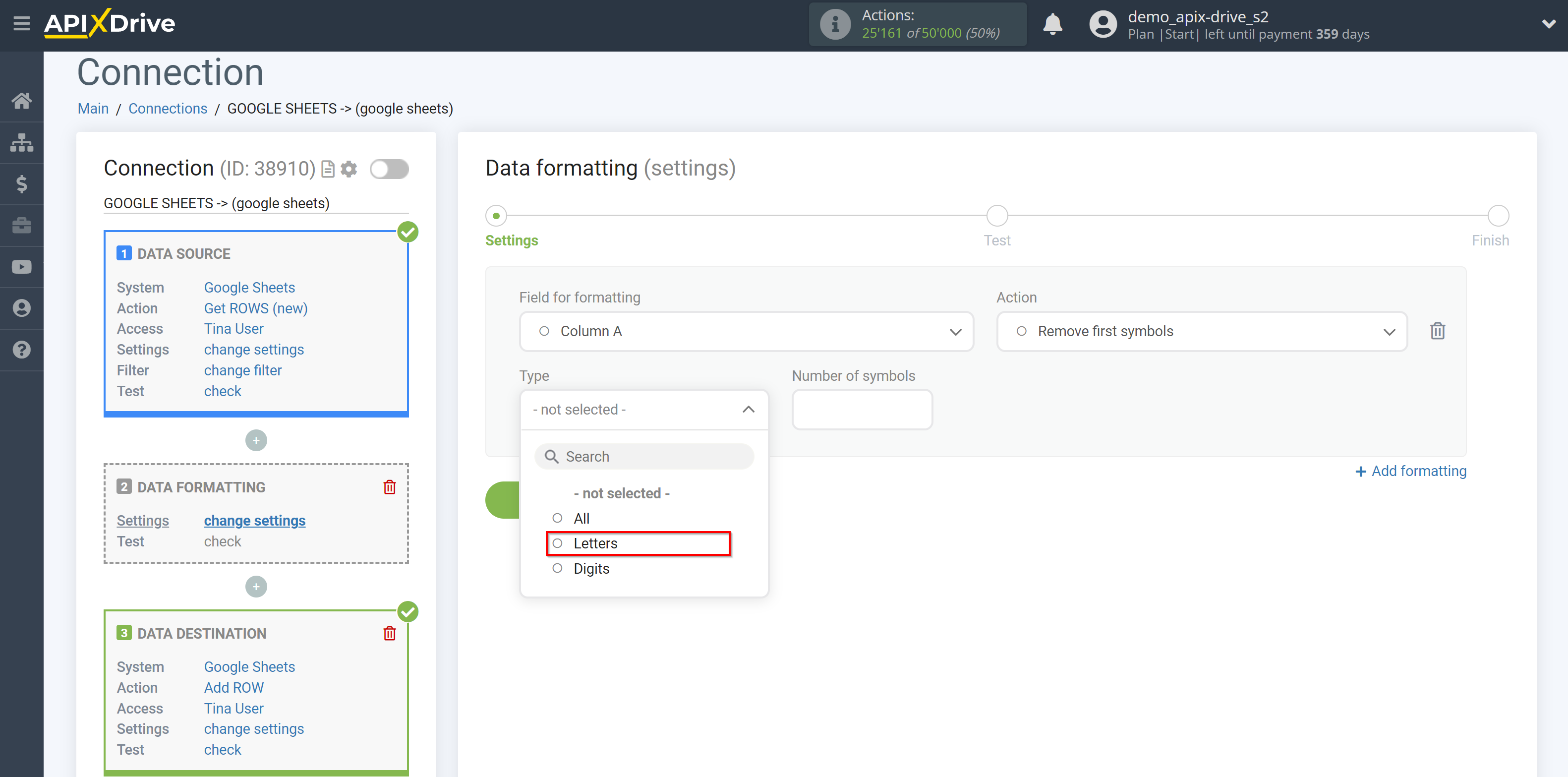 How to setup Data Formatting | Selecting the function Remove first symbols