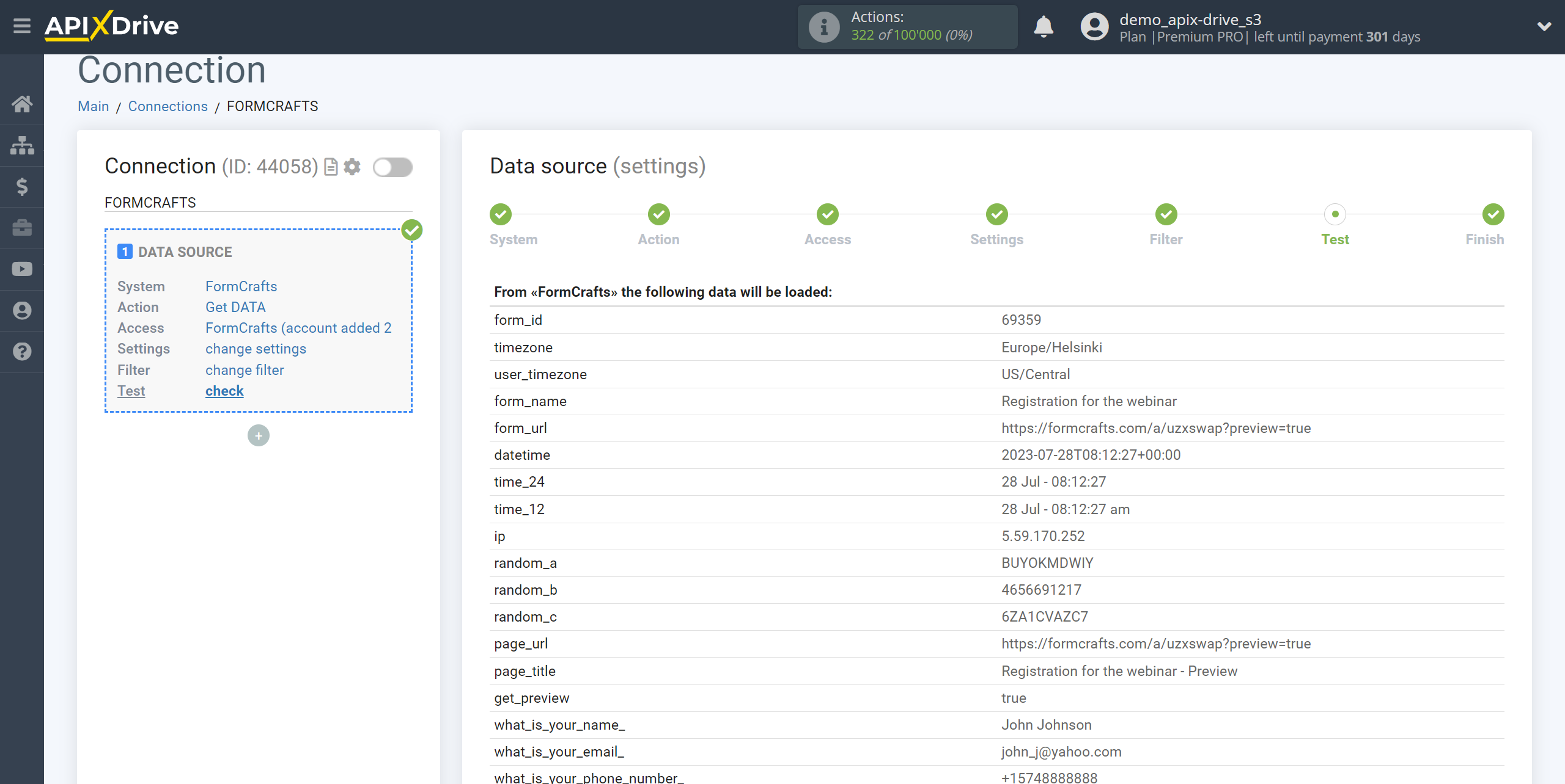 How to Connect FormCrafts as Data Source | Test data