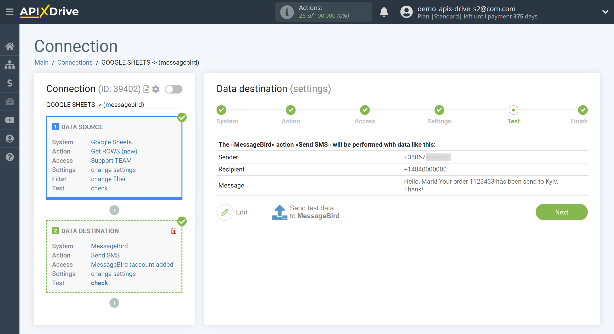 How to Connect MessageBird as Data Destination | Test data