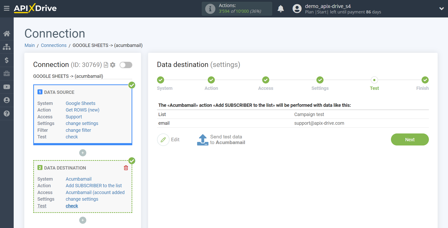 How to Connect Acumbamail as Data Destination | Test data