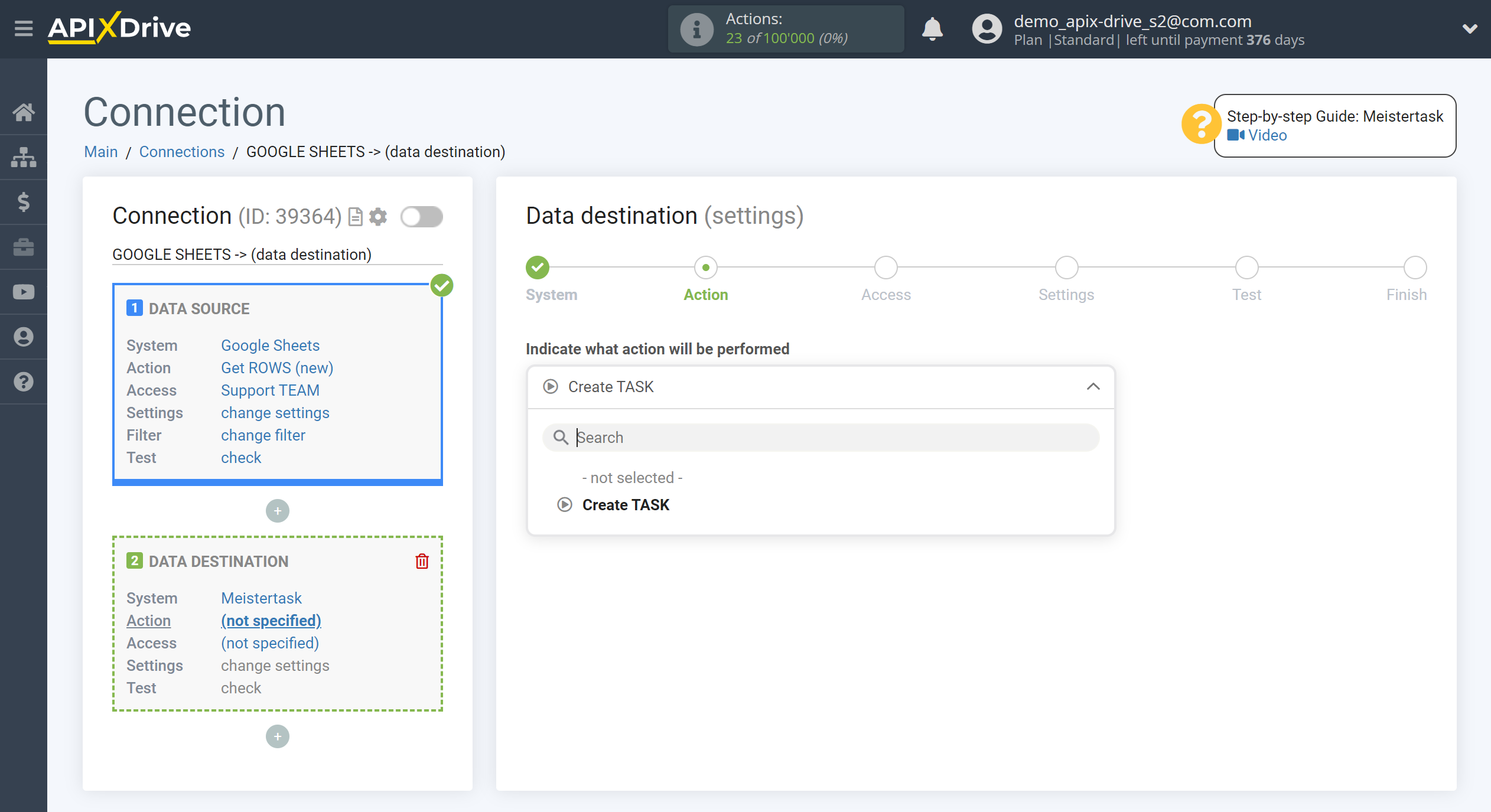 How to Connect MeisterTask as Data Destination | Action selection