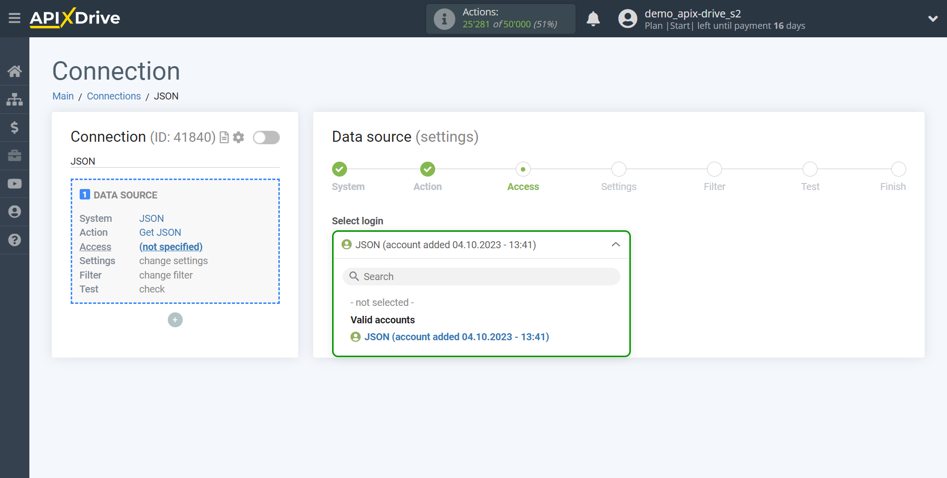 How to Connect JSON as Data Source | Account selection