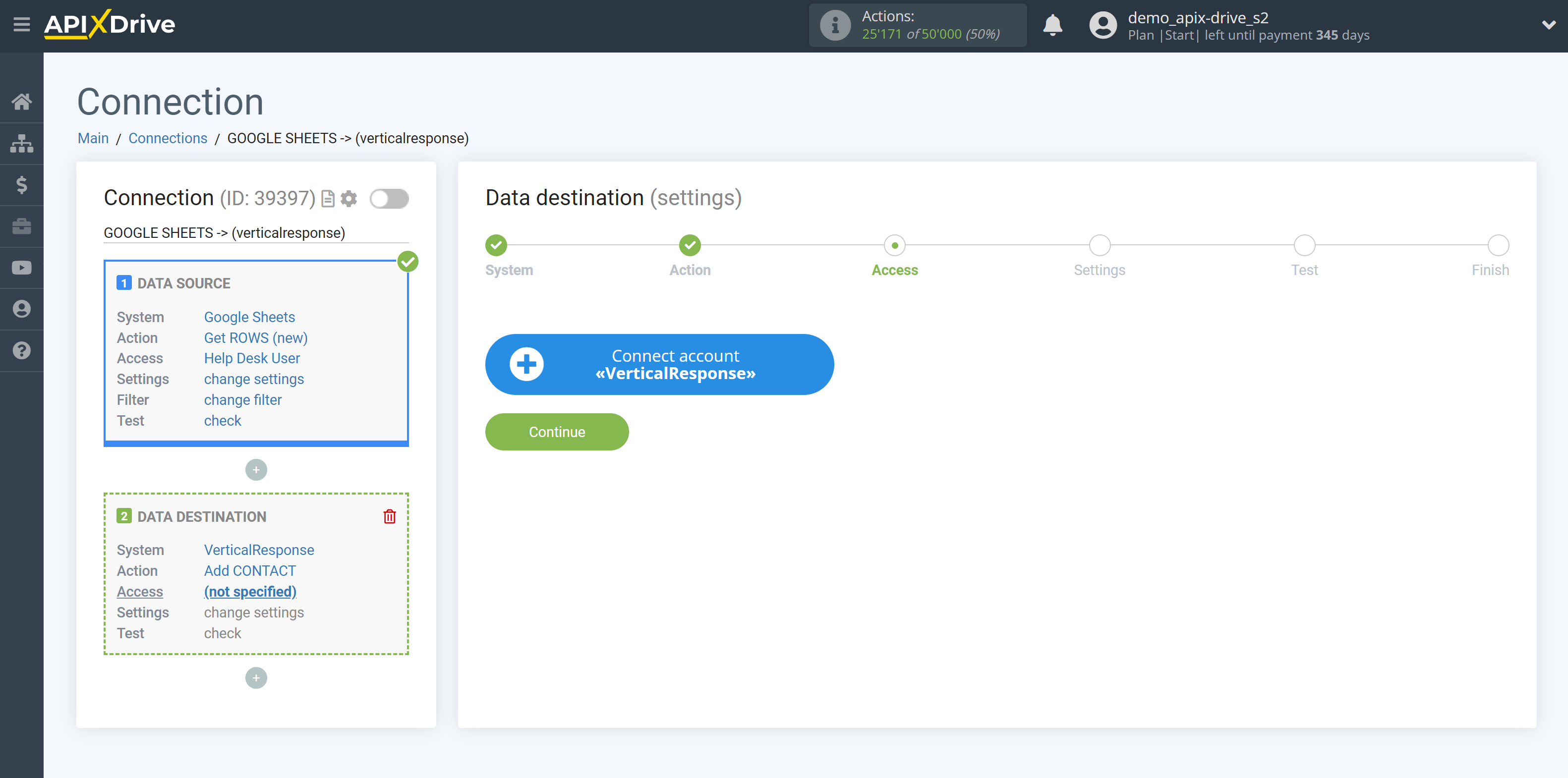 How to Connect VerticalResponse as Data Destination | Account Connections