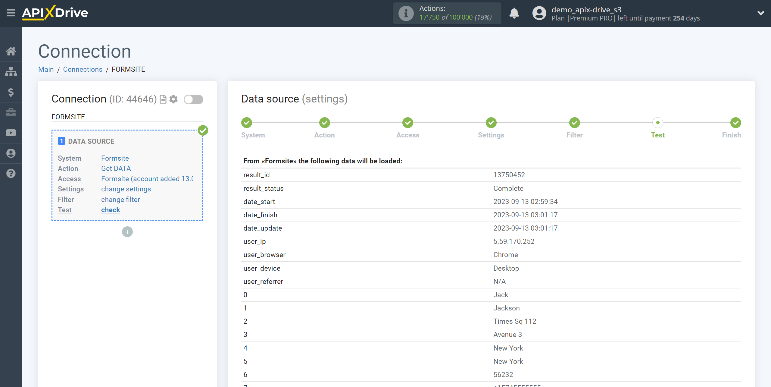 How to Connect Formsite as Data Source | Test data