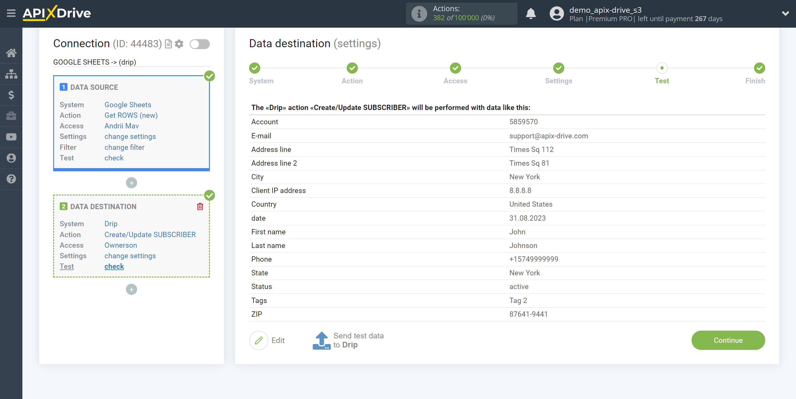 How to Connect Drip as Data Destination | Test data