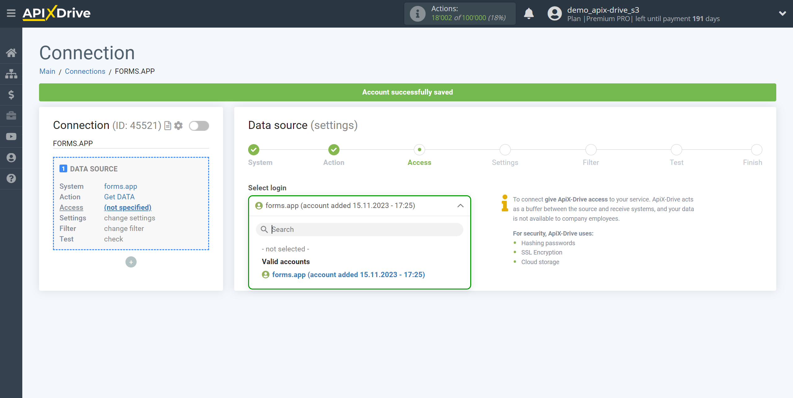 How to Connect forms.app as Data Source | Account selection