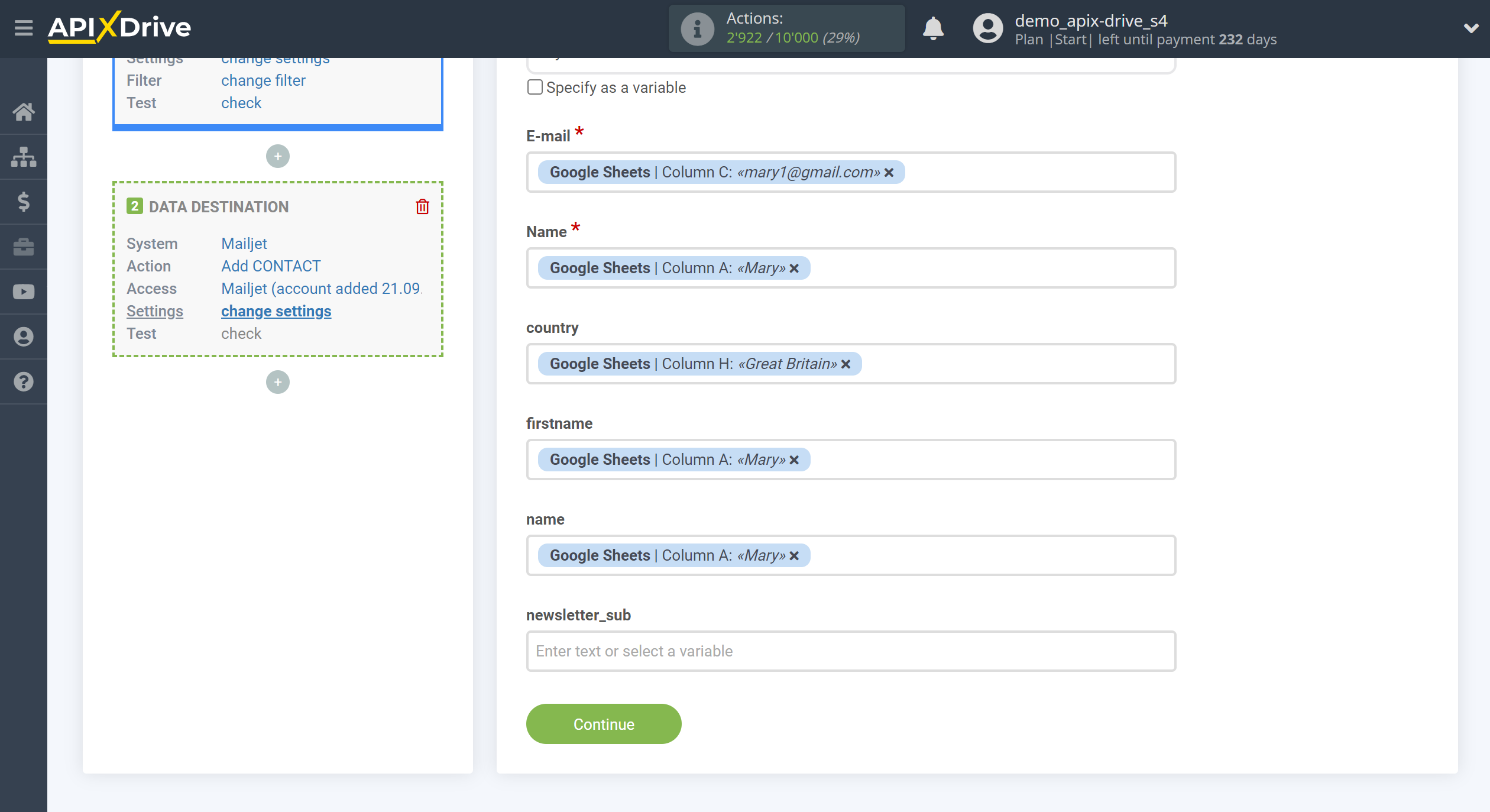 How to Connect Mailjet as Data Destination | Assigning fields