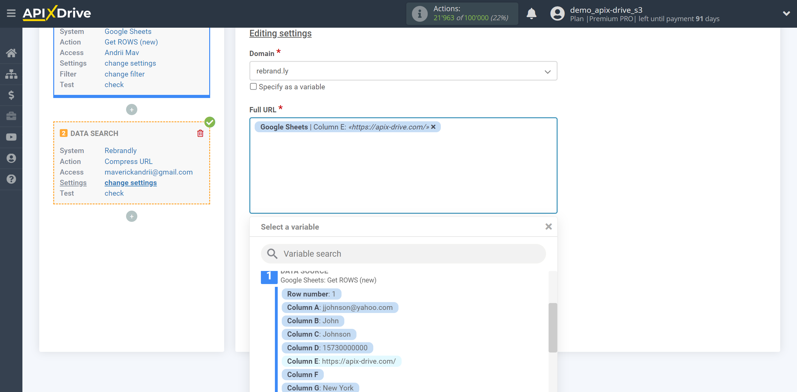 Setting up Rebrandly Data Search in Google Sheets | Assigning fields