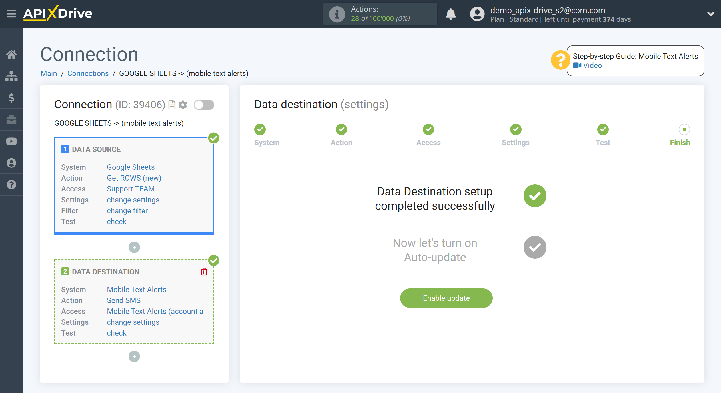 How to Connect Mobile Text Alerts as Data Destination | Enable auto-update