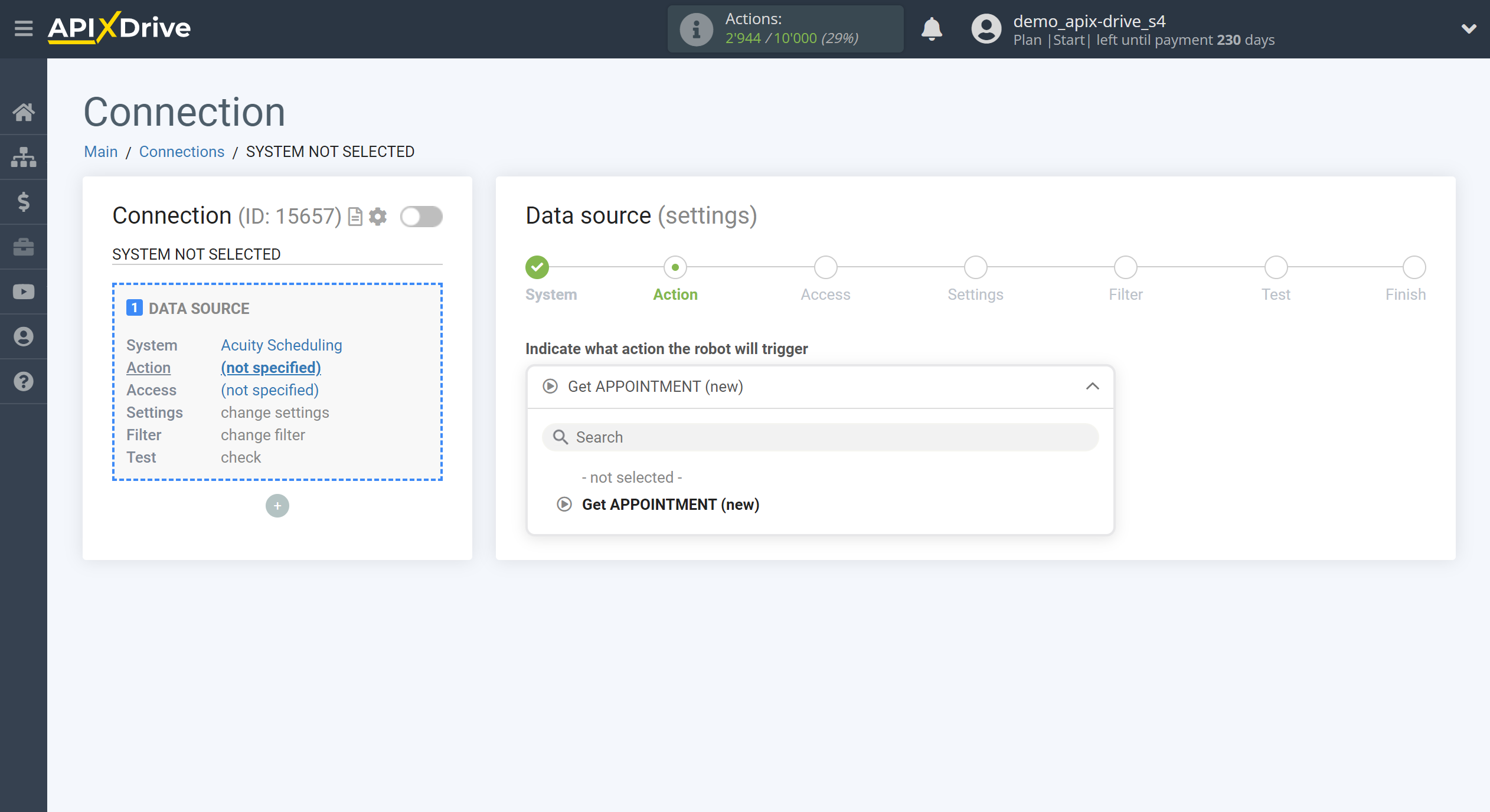 How to Connect Acuity Scheduling as Data Source | Action selection