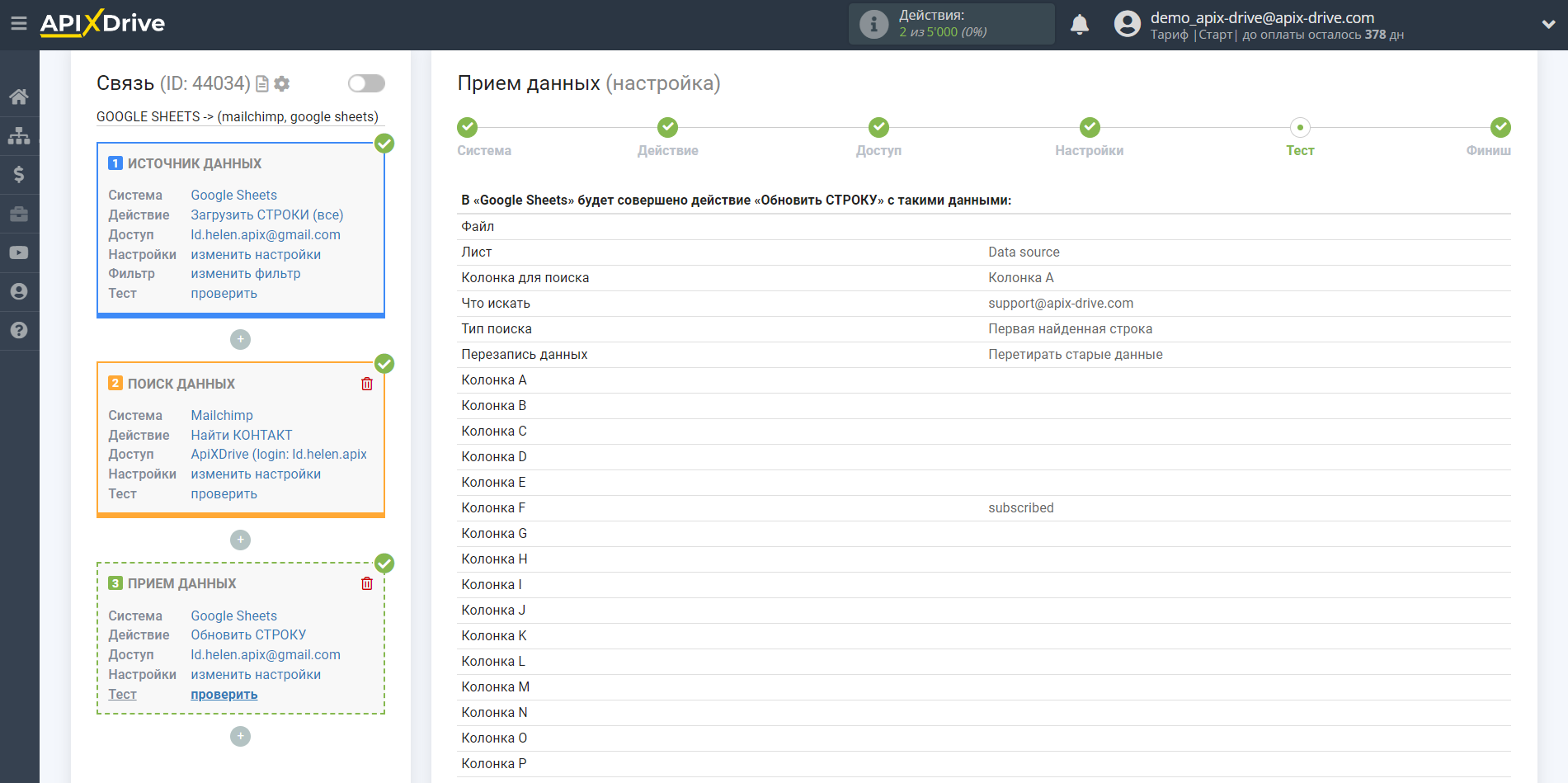 Настройка Поиска Контакта MailChimp в Google Sheets | Тестовые данные