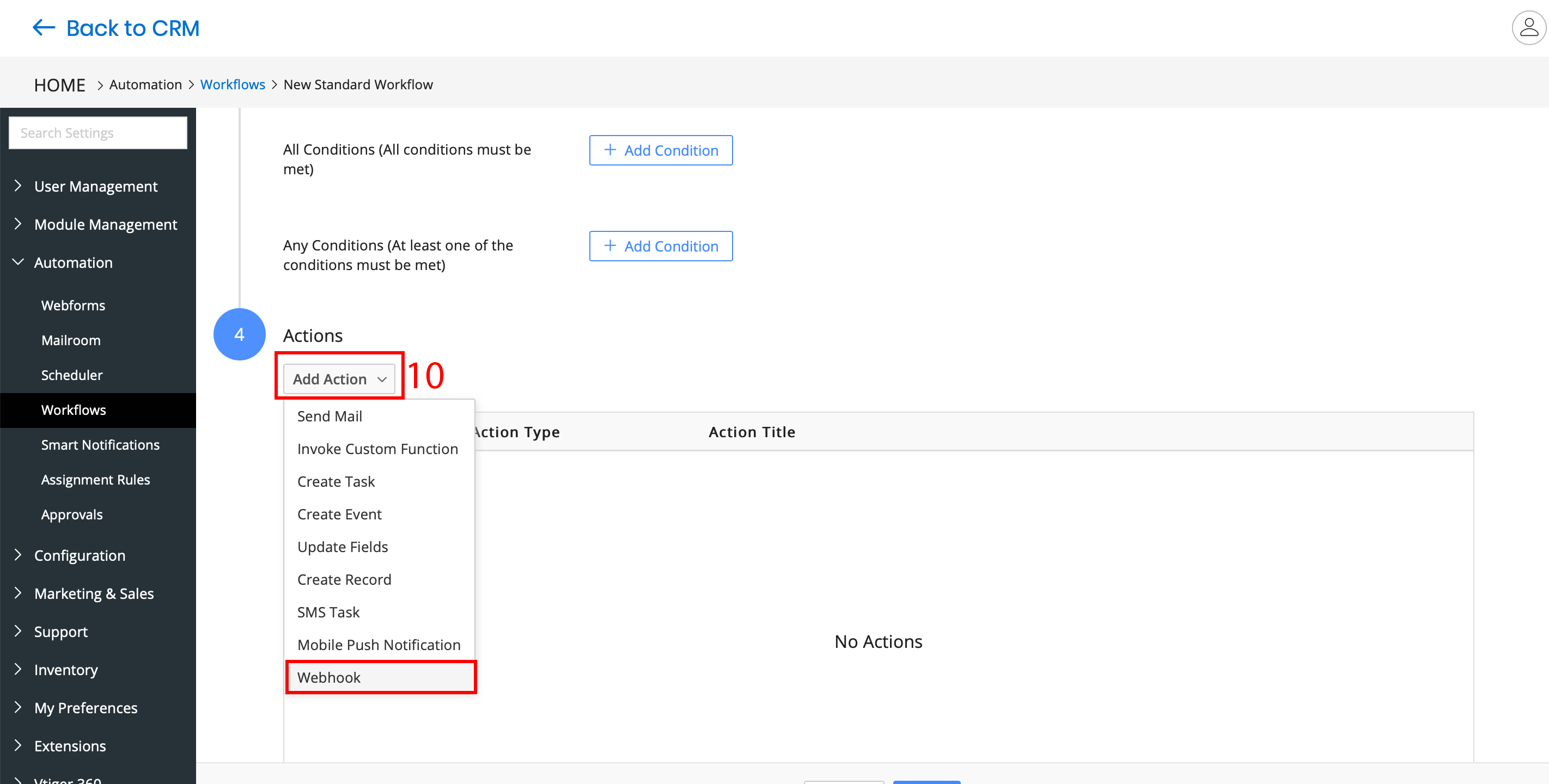 Настройка vTiger CRM | Настройка действия Webhook