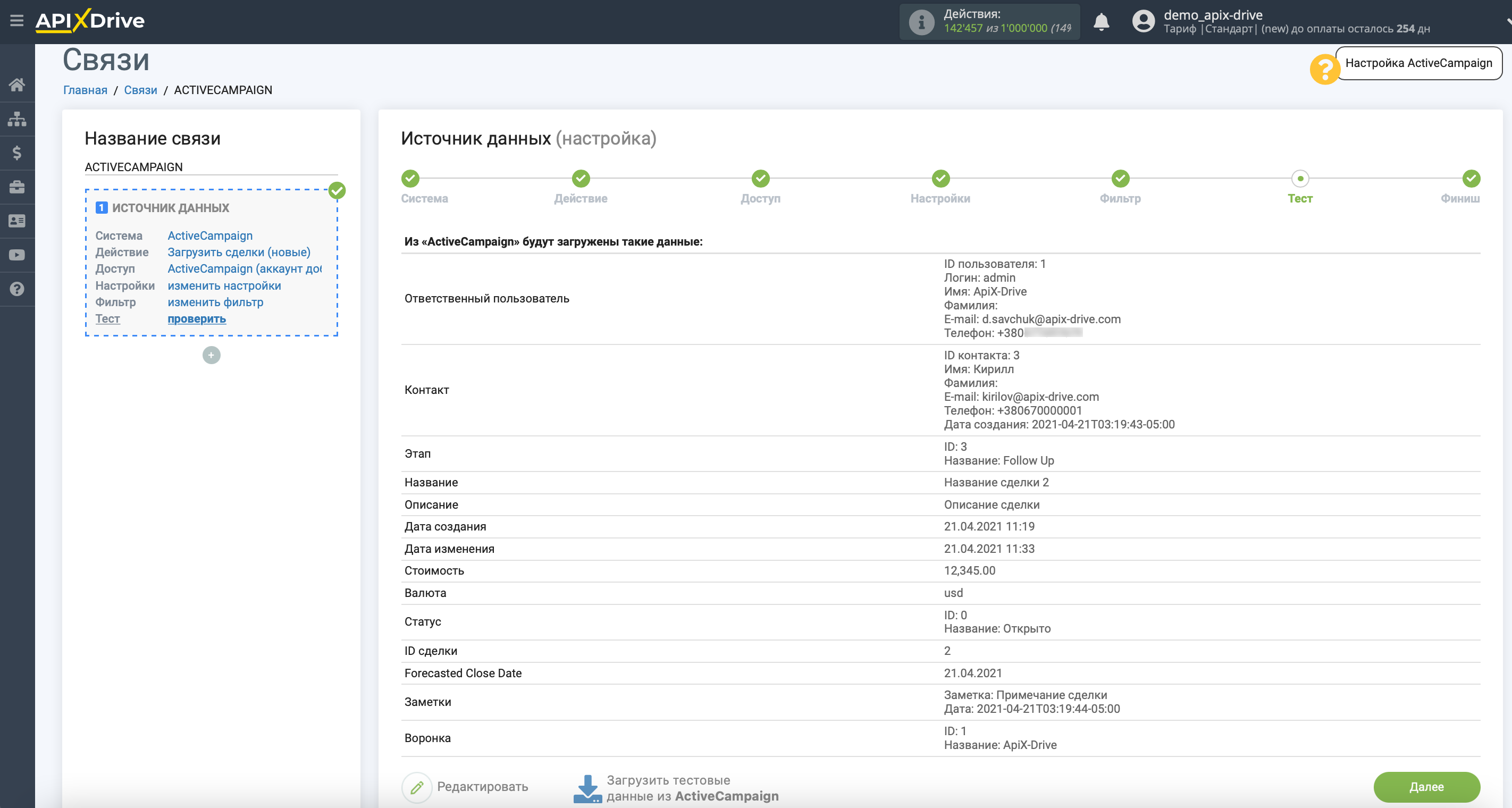 Настройка ActiveCampaign | Тестовые данные
