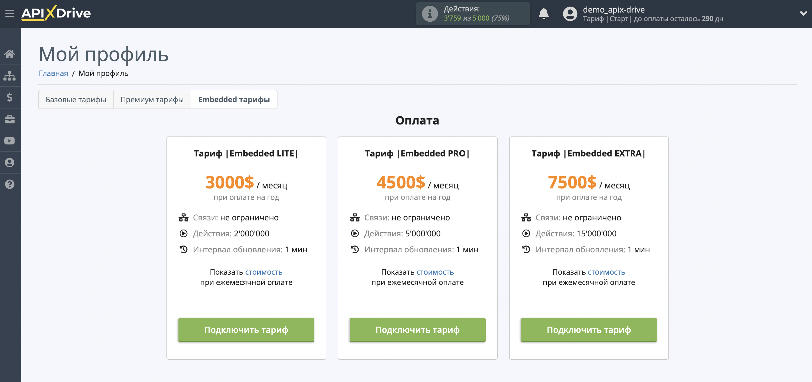 Embedded тарифы&nbsp;ApiX-Drive